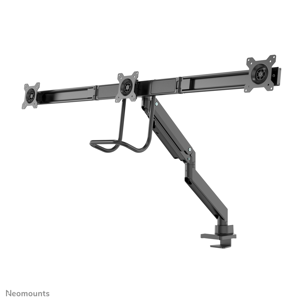 Een zwarte monitorarm met drie montagepunten. Het heeft een gebogen steunarm en een klem.