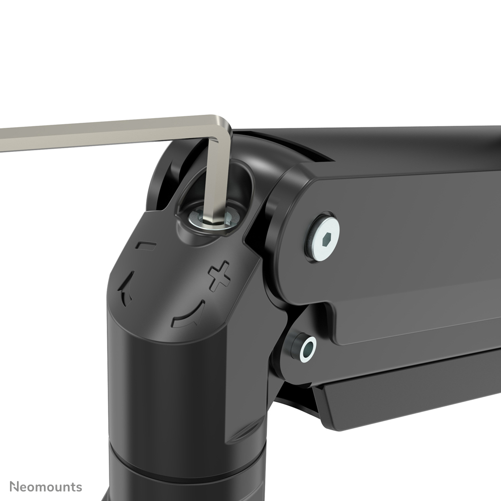 Een zwarte mechanische arm met een zilveren inbussleutel in een bout. De arm heeft een reeks gewrichten en schroeven.