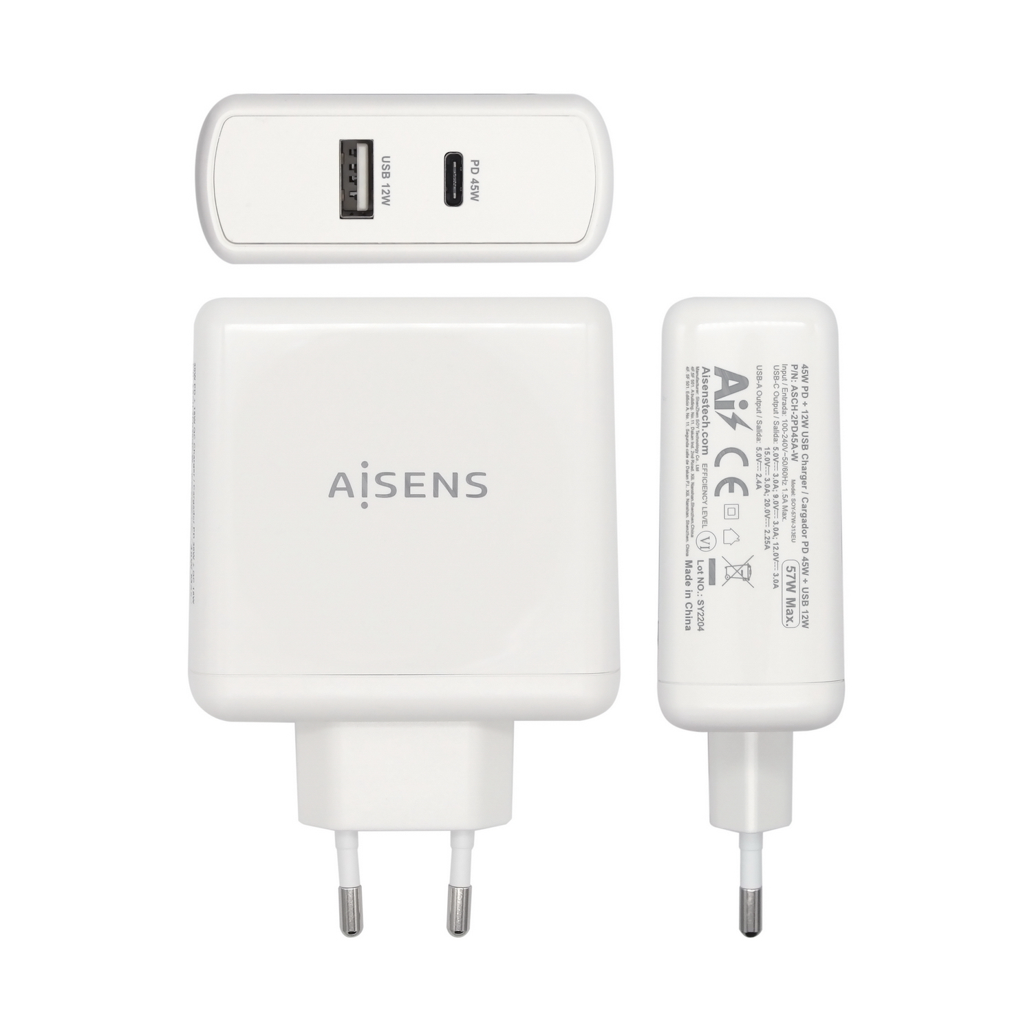 Adaptadores de corriente blancos con puertos USB y PD. La marca es Aisens. Los cargadores son para teléfonos y otros dispositivos.