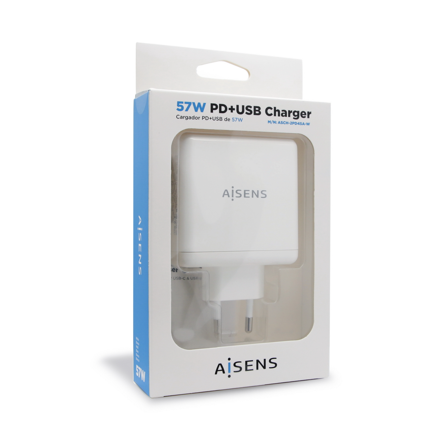 Un cargador Aisens 57W PD+USB blanco se muestra en su caja. La caja es blanca y azul con detalles del producto.