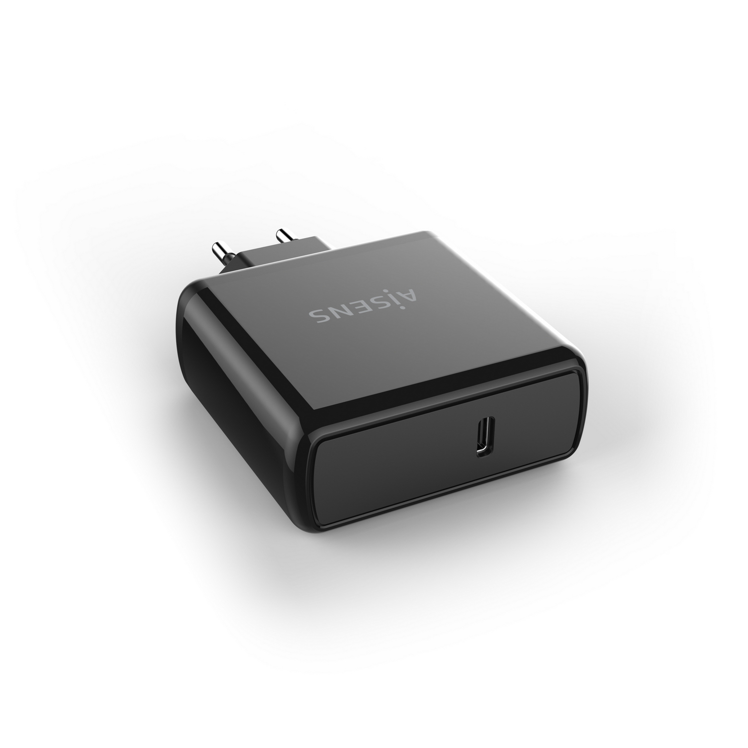 Ein schwarzes Netzteil mit dem Wort 'AISENS' oben. Es hat zwei Stifte und einen USB-C-Anschluss. Der Hintergrund ist weiß.