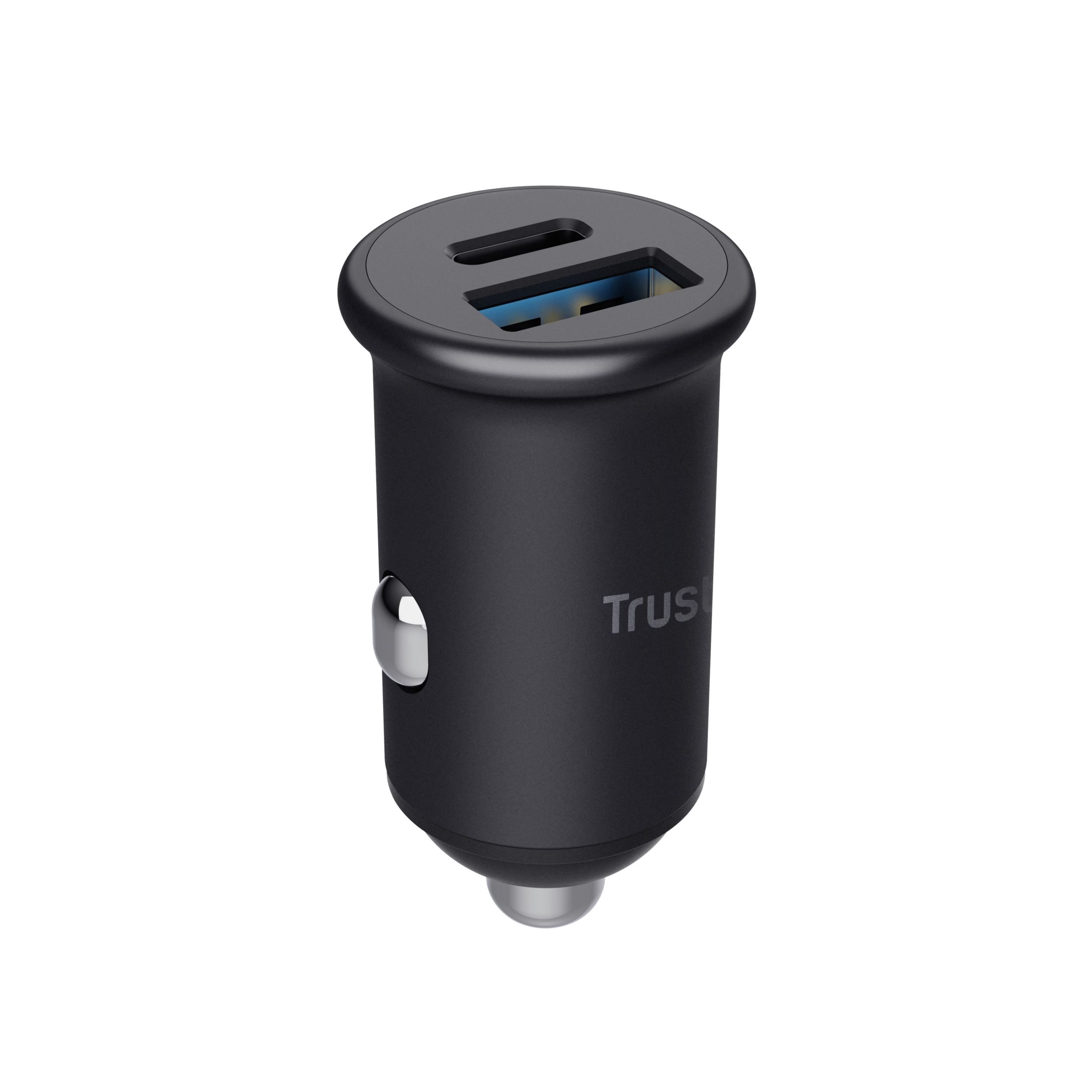 Cargador de coche negro con dos puertos USB. La marca 'Trust' es visible. El fondo es blanco.