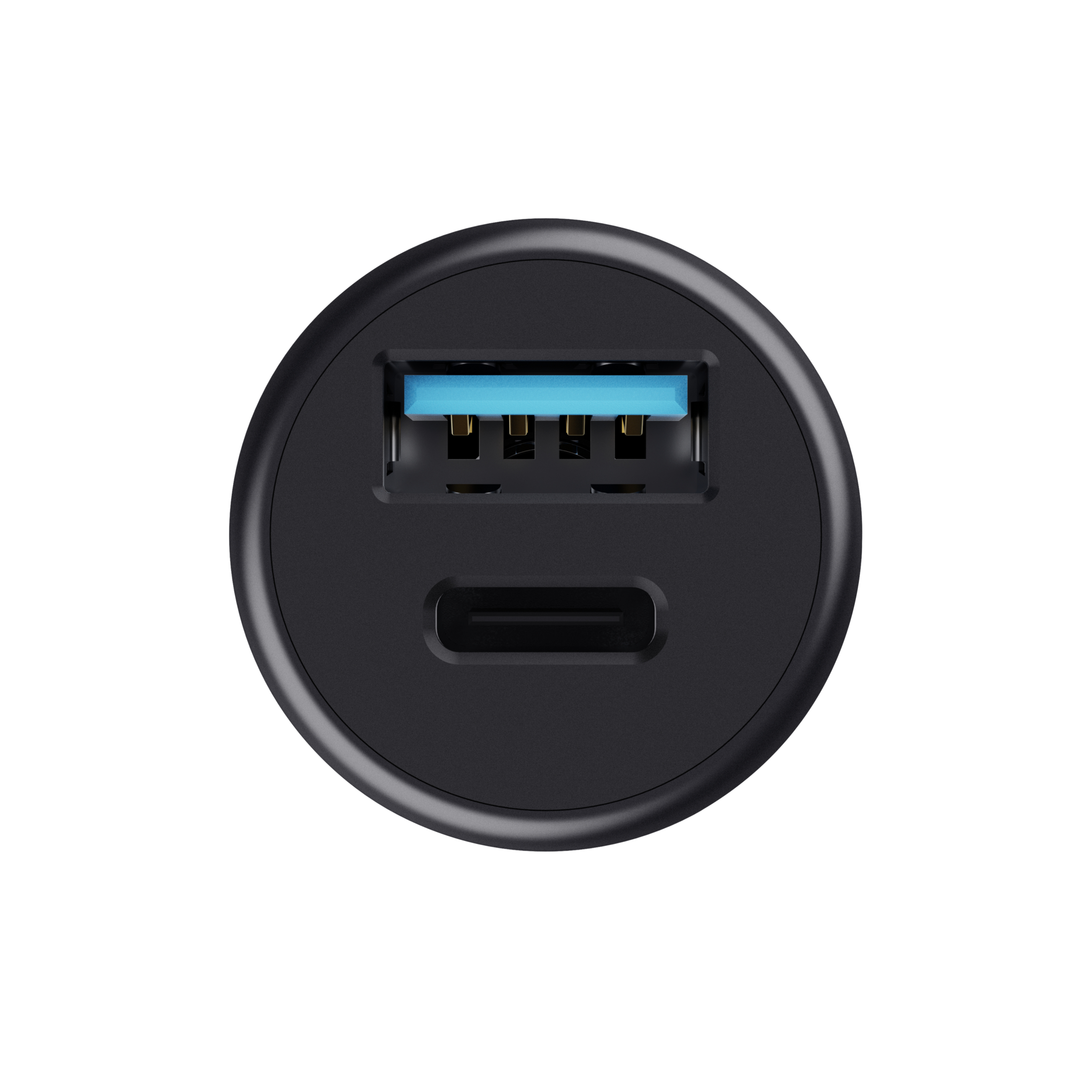 Primer plano de un cargador USB negro con dos puertos. El puerto superior es USB-A y el inferior es USB-C. Fondo blanco.