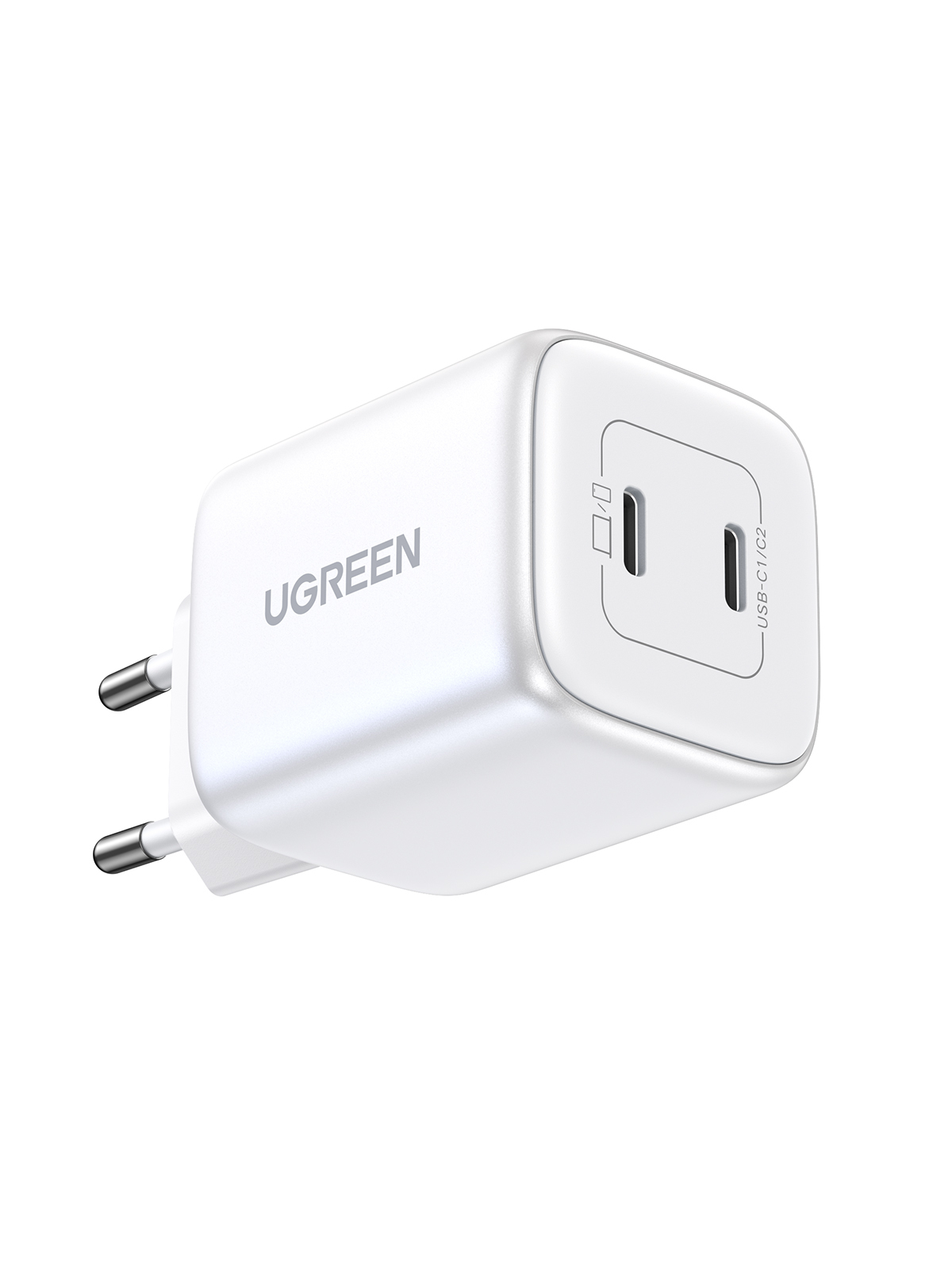 Un cargador USB UGREEN blanco con dos clavijas. Tiene dos puertos USB-C. La marca es visible en el frente.