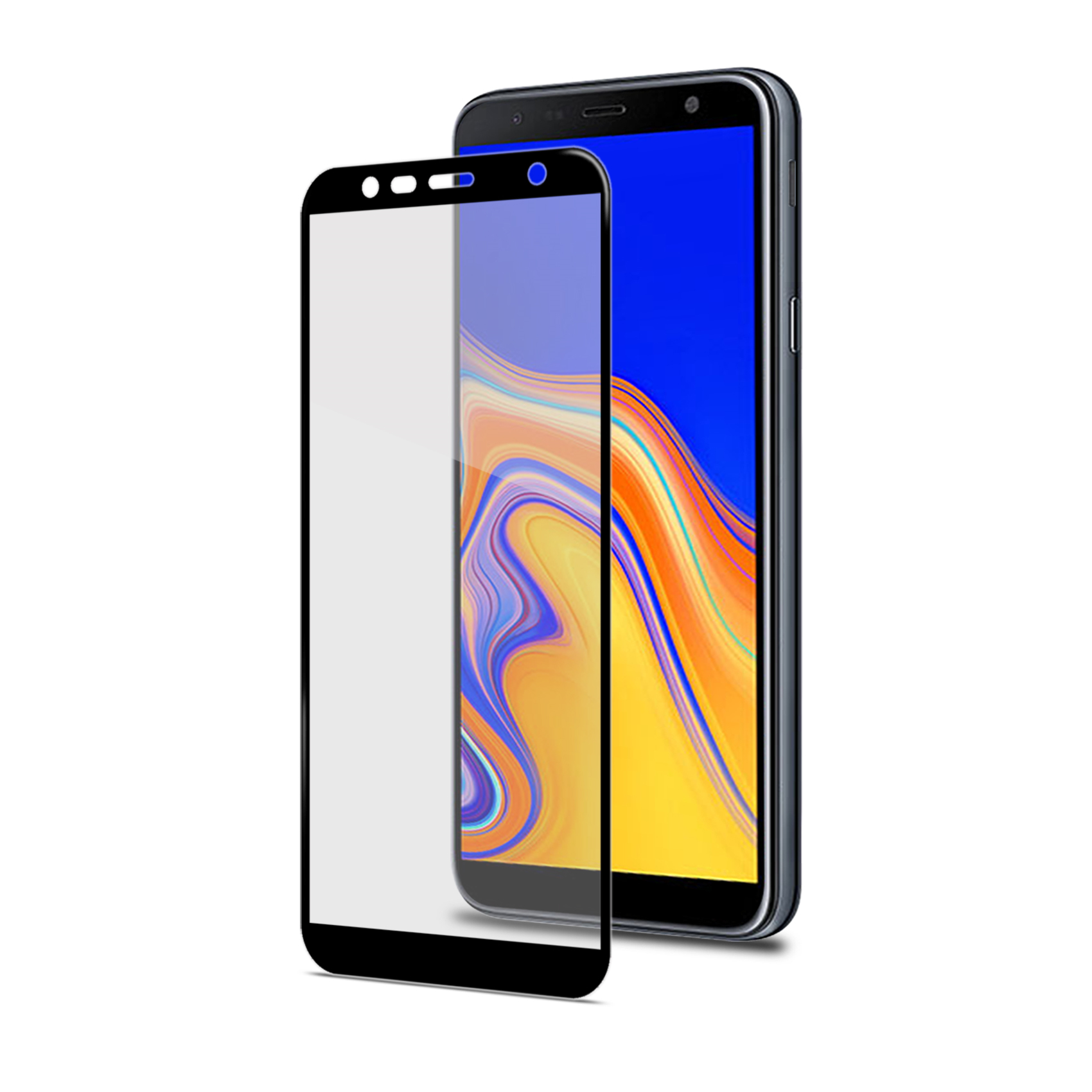 Uno smartphone con protezione schermo. Il telefono è nero con schermo blu e giallo. La protezione ha un bordo nero.