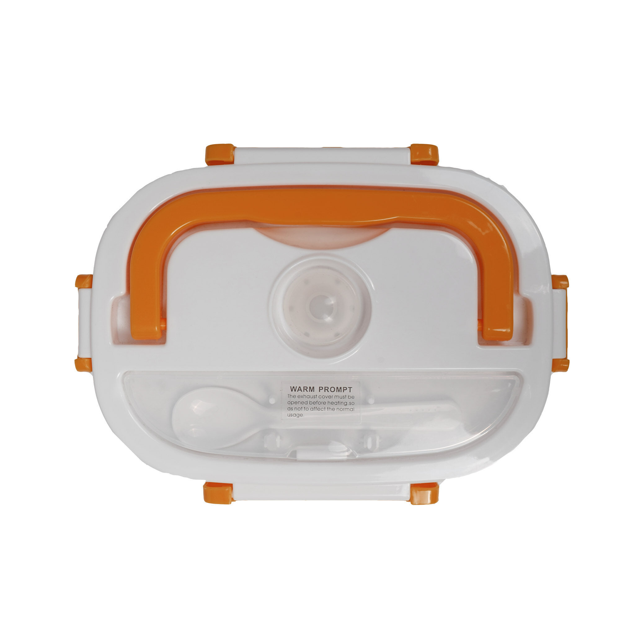 Lunch box elettrico bianco e arancione, chiuso, con un cucchiaio all'interno.
