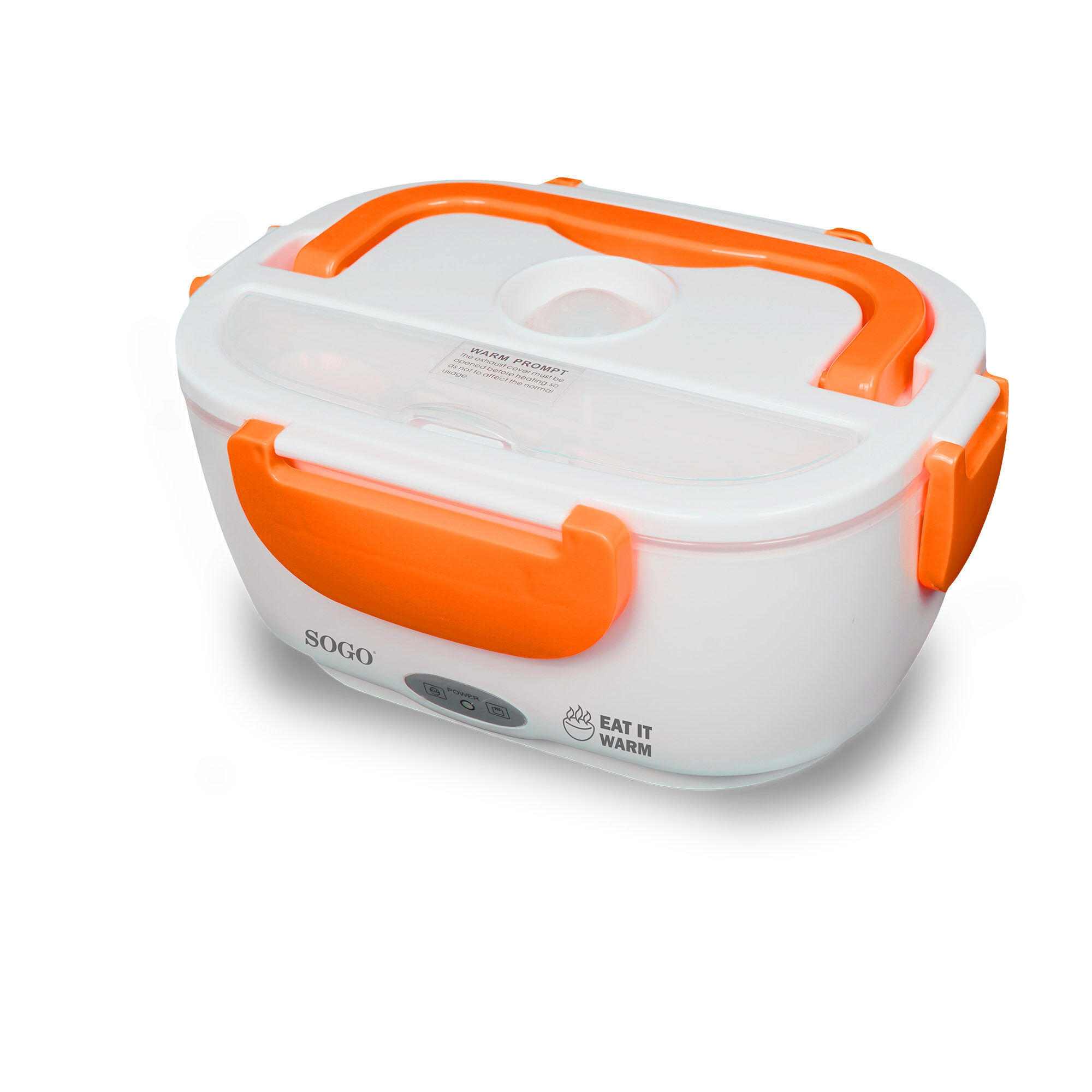 Lunch box elettrica SOGO bianca e arancione su bianco. Presenta maniglia, chiusure e coperchio trasparente.