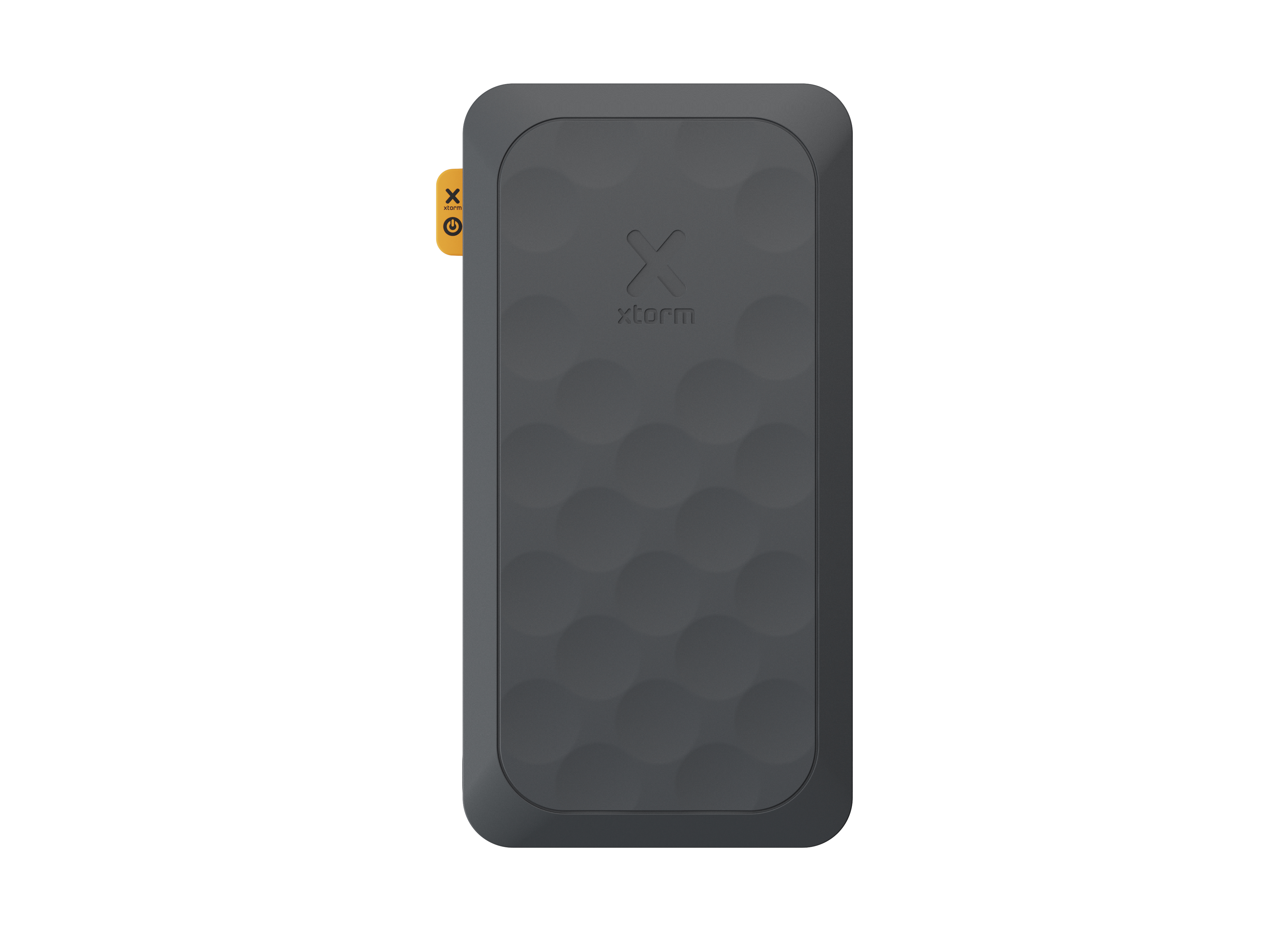 Appareil rectangulaire gris foncé avec surface texturée et accent orange. Le logo X storm est visible.