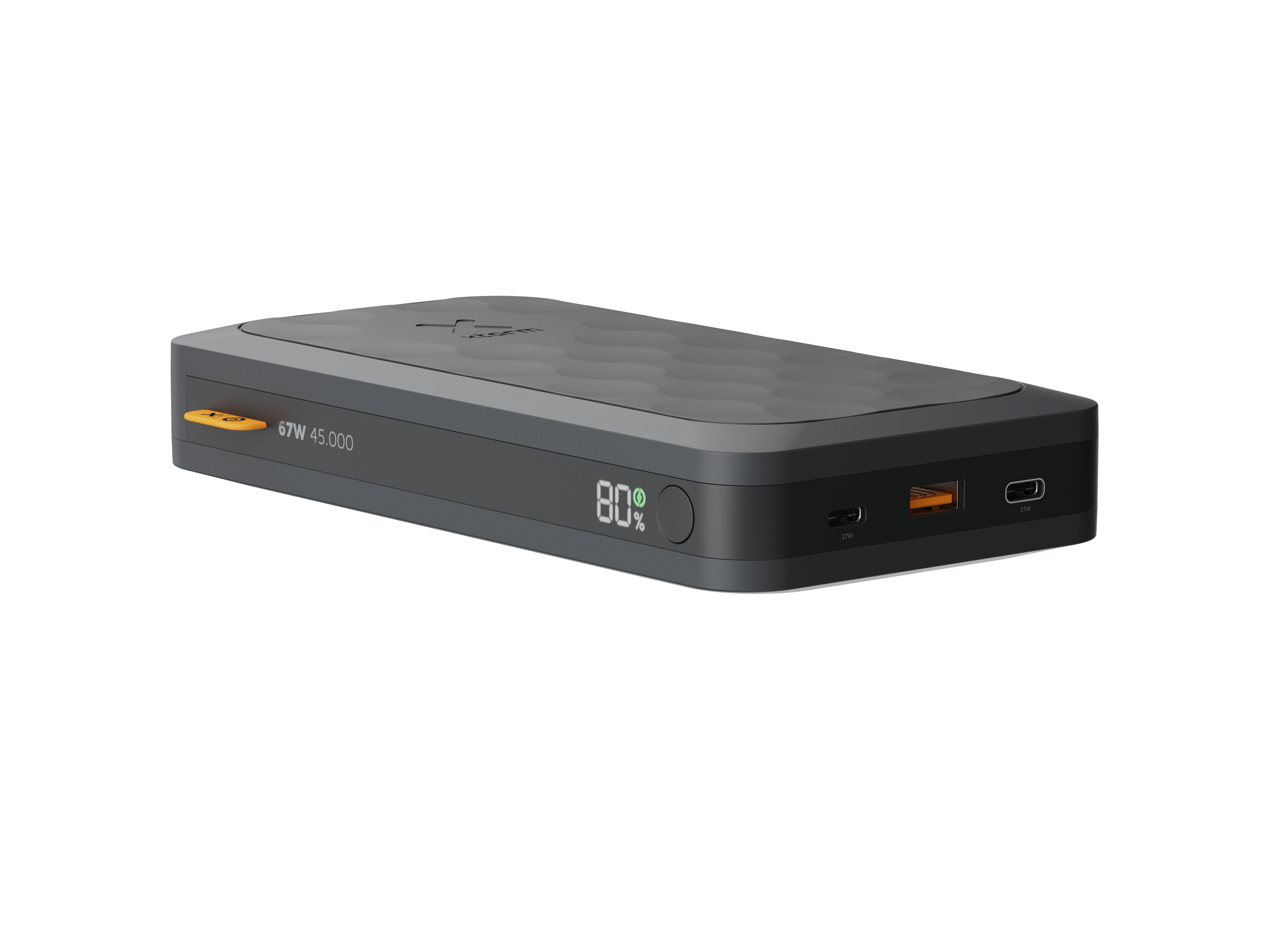 Une batterie externe gris foncé avec des bords noirs. Elle affiche 80% de charge. Elle a des ports orange et noirs.