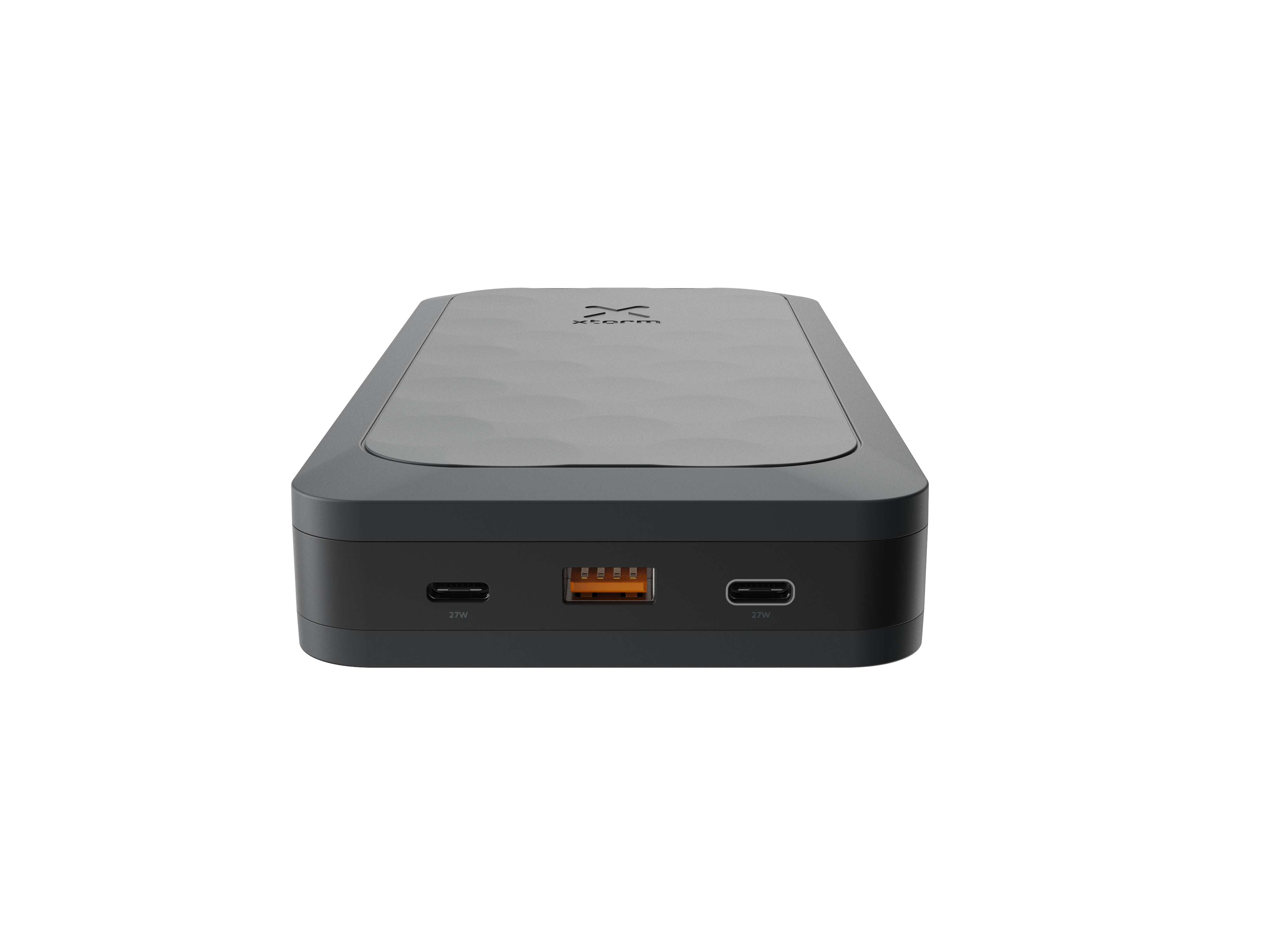 Une batterie externe gris foncé avec des ports. Le dessus a une surface texturée avec le logo 'x'. Fond blanc.
