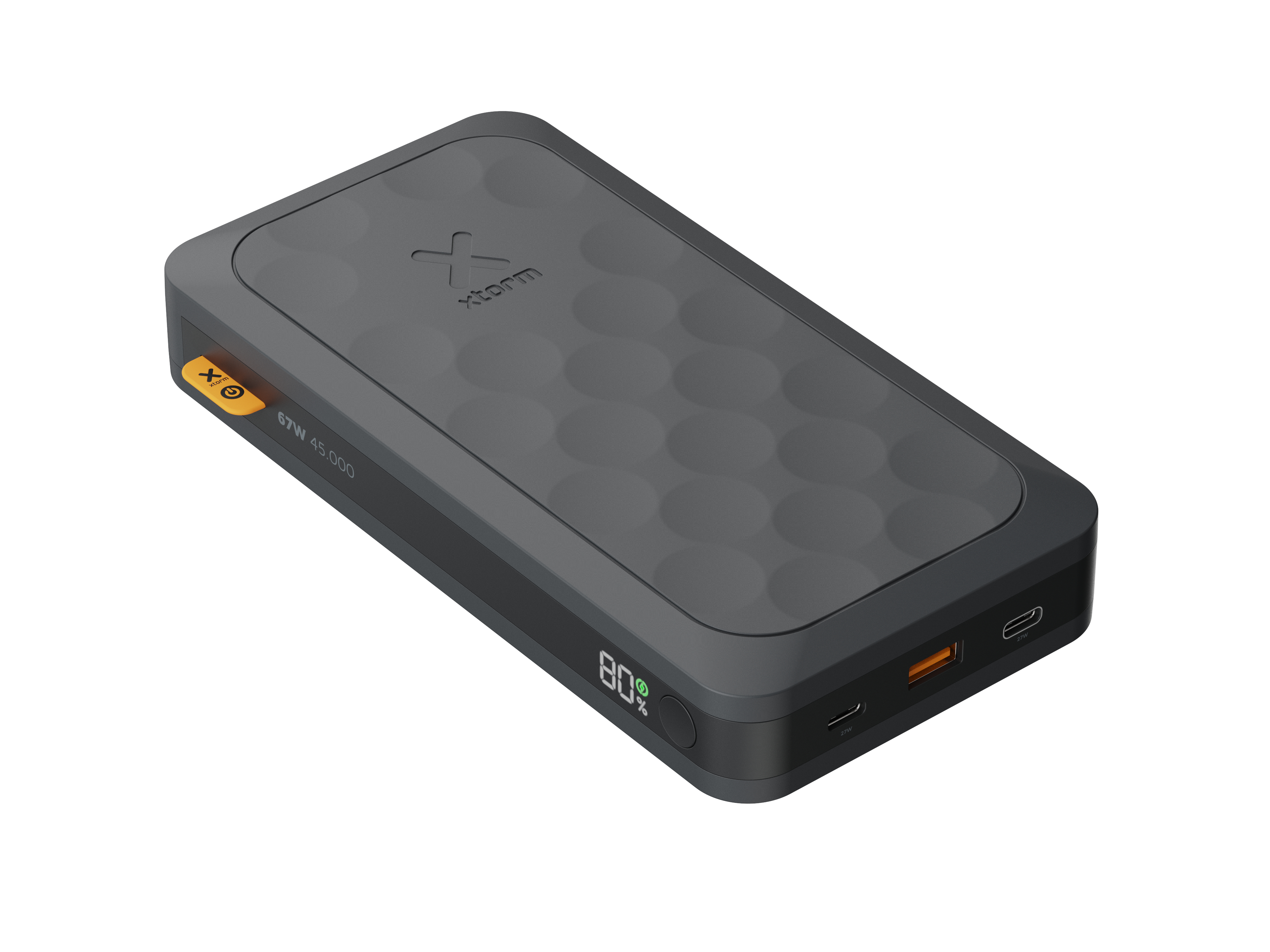 Batterie externe rectangulaire gris foncé avec surface texturée, accents orange et noirs, 80% de charge.