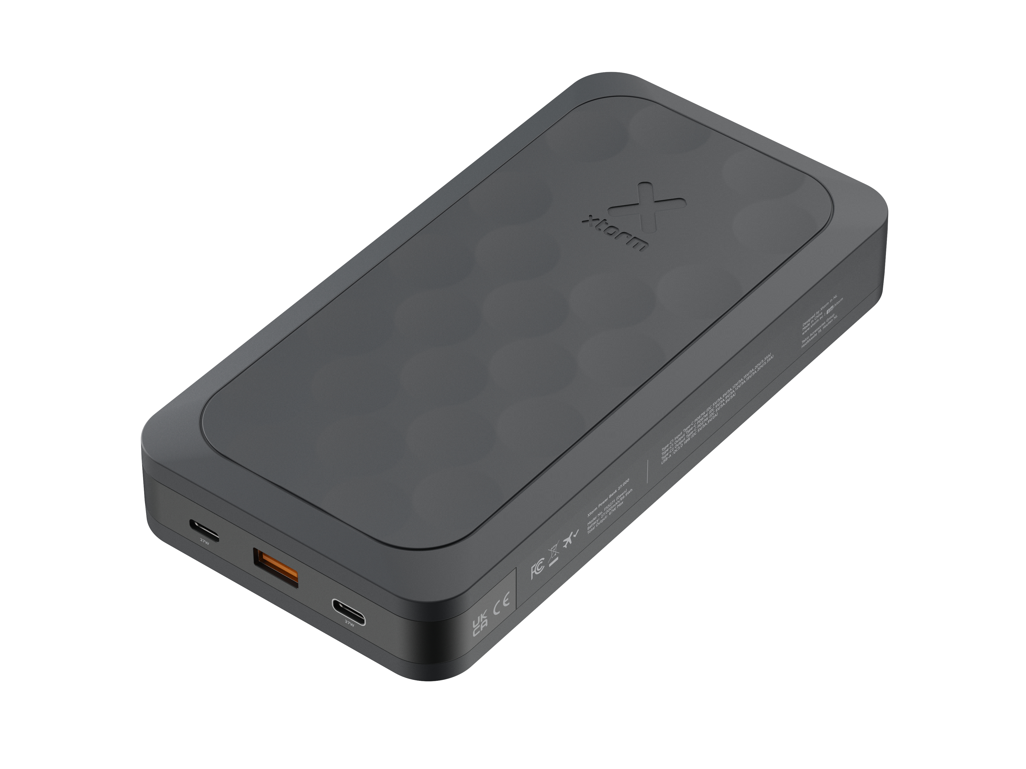 Batterie externe rectangulaire gris foncé avec ports et logo Xtorm. Elle a une surface supérieure texturée.