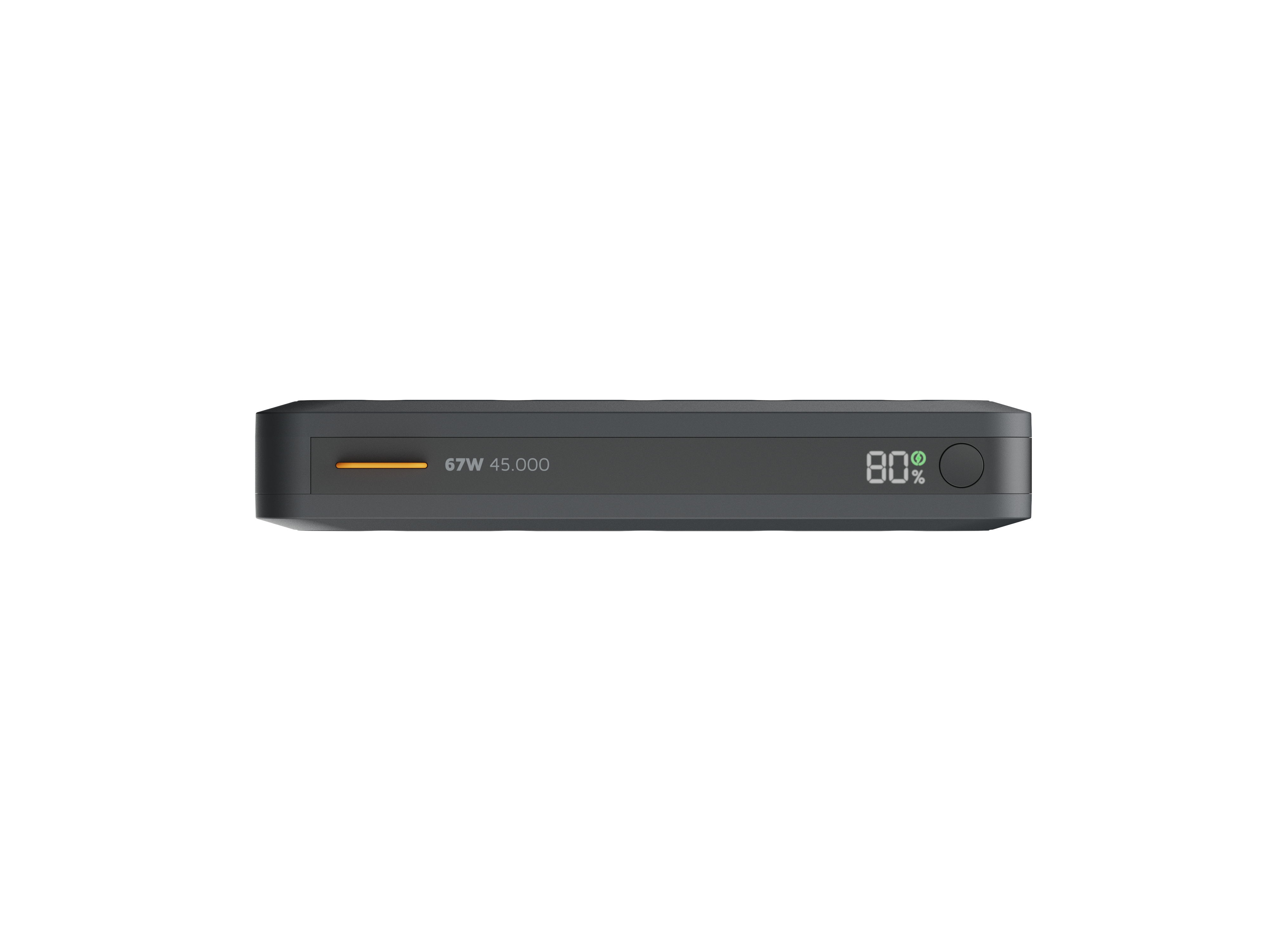 Une batterie externe gris foncé avec une bande orange, indiquant 80 % de charge. Texte : '67W 45.000'.