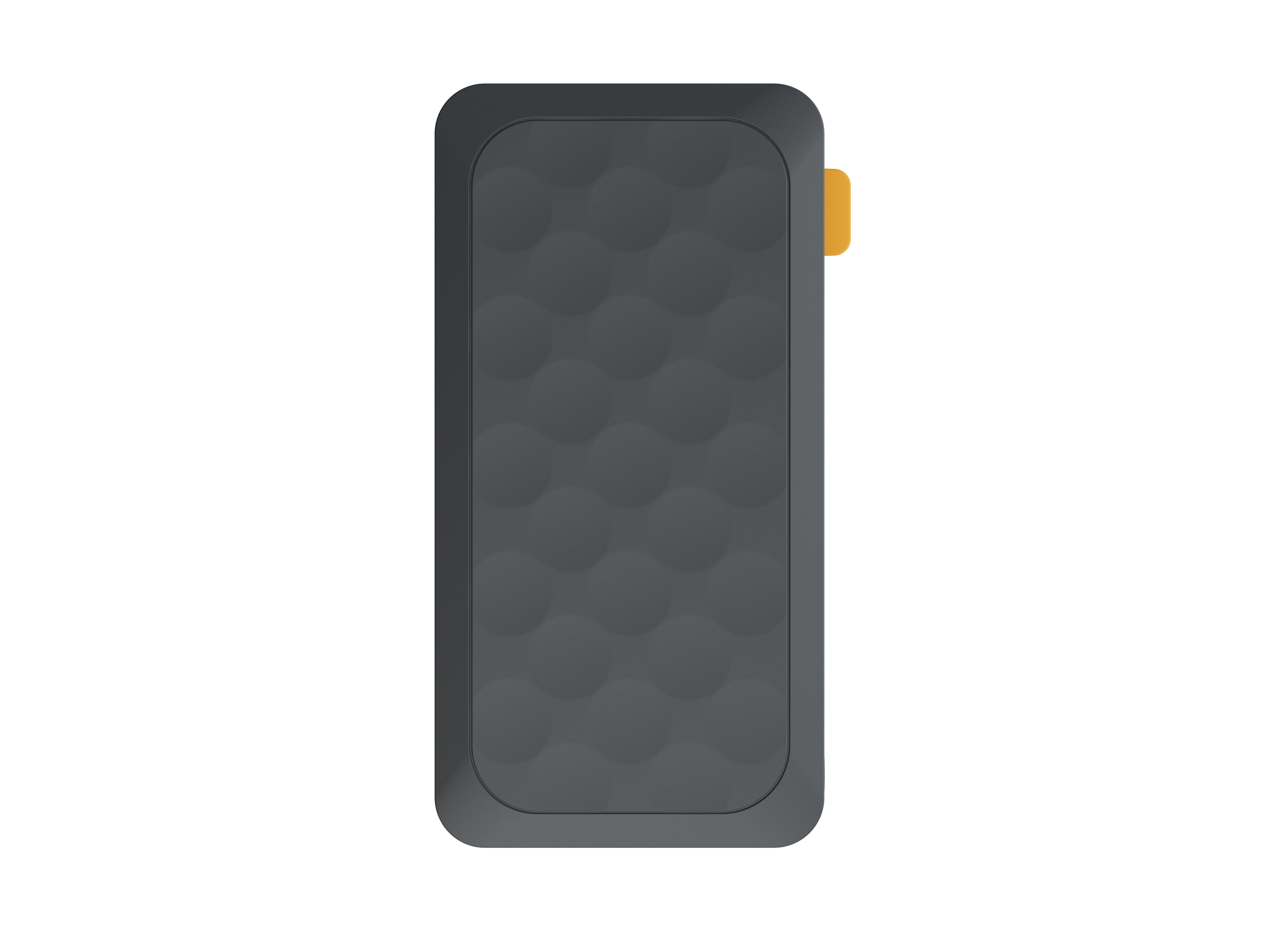 Un appareil rectangulaire gris foncé avec des coins arrondis et une surface texturée. Il a une petite languette jaune.
