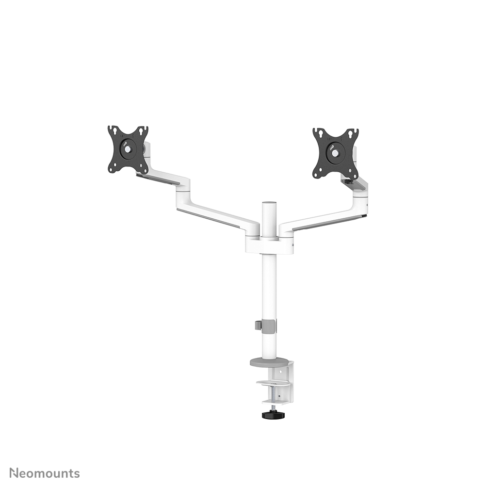 A white dual monitor arm stand with black monitor mounts. The stand is clamped to a surface, with Neomounts logo at the bottom.