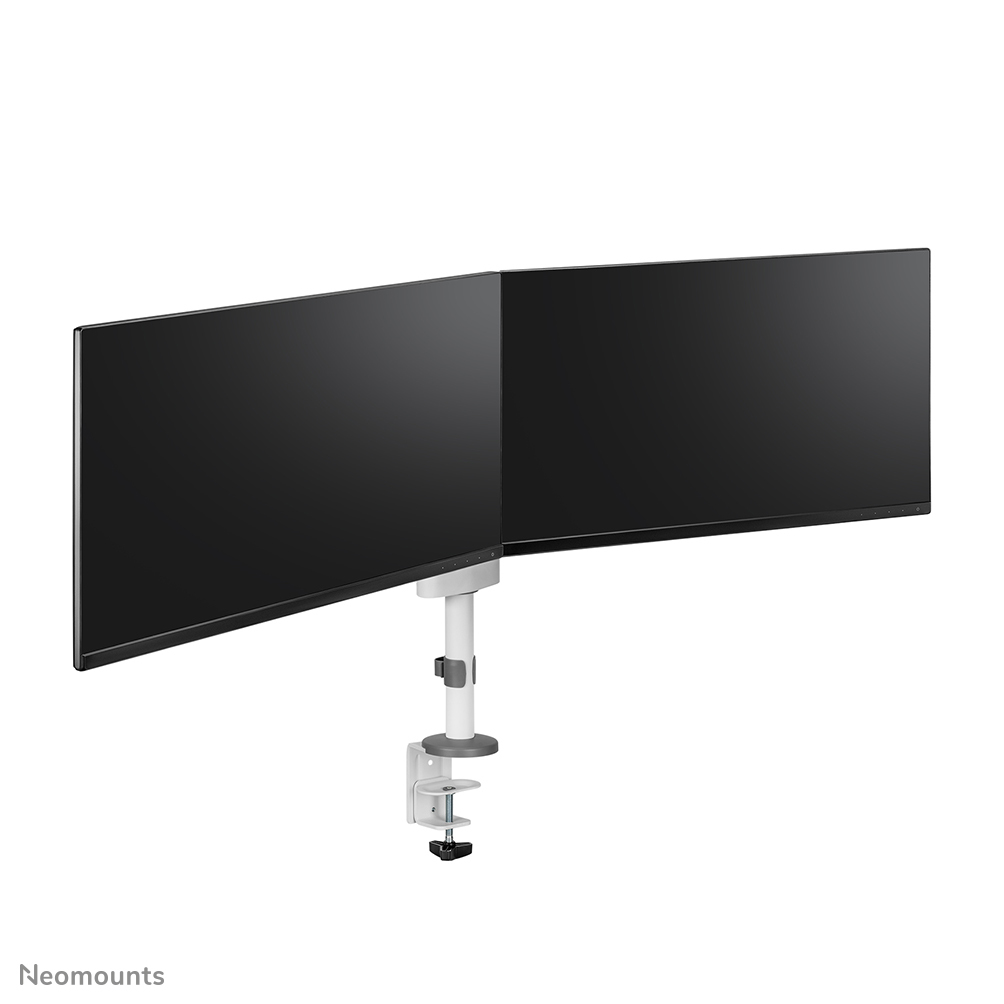 Two curved black computer monitors are mounted on a white and gray stand with a clamp. White background.