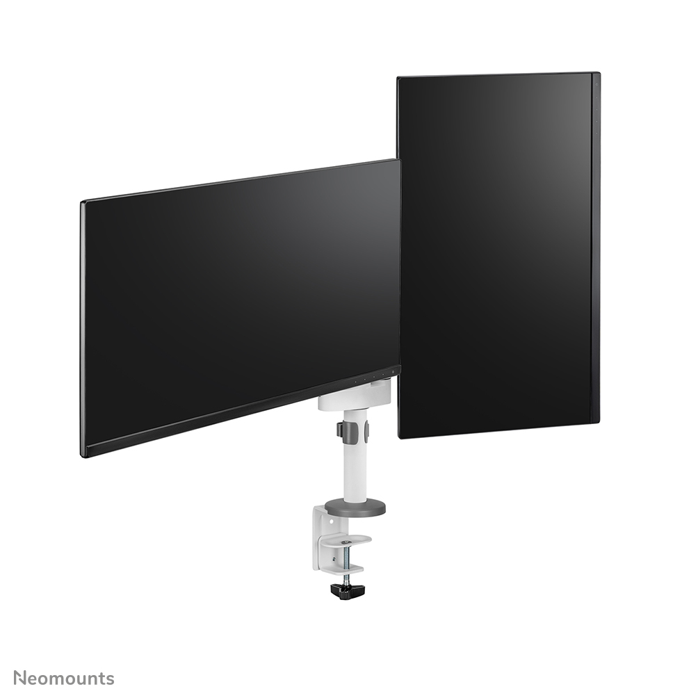 Two black computer monitors mounted on a white and gray stand with a clamp. White background.