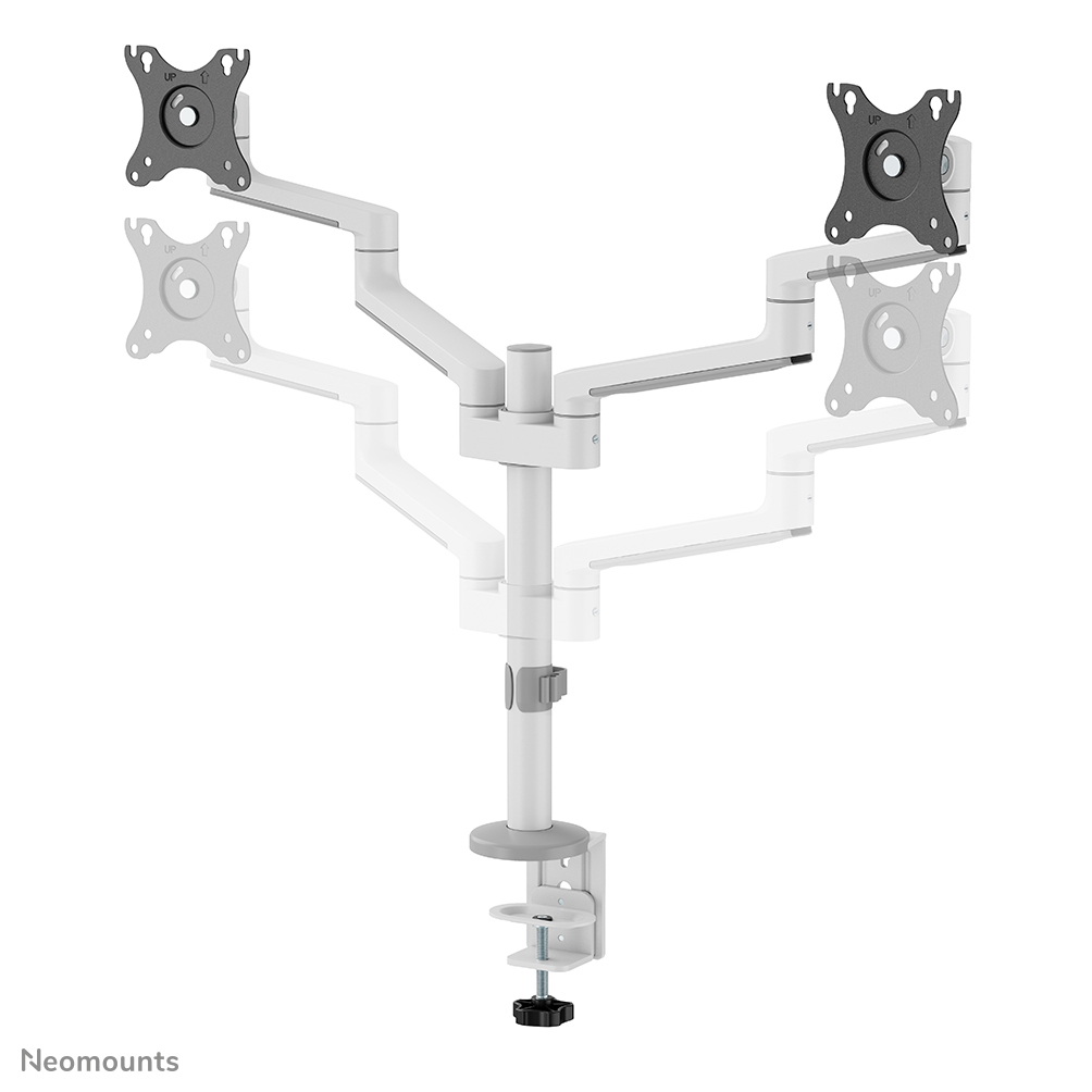 A white and gray monitor arm for two screens, with a clamp base and adjustable arms, stands against a white background.