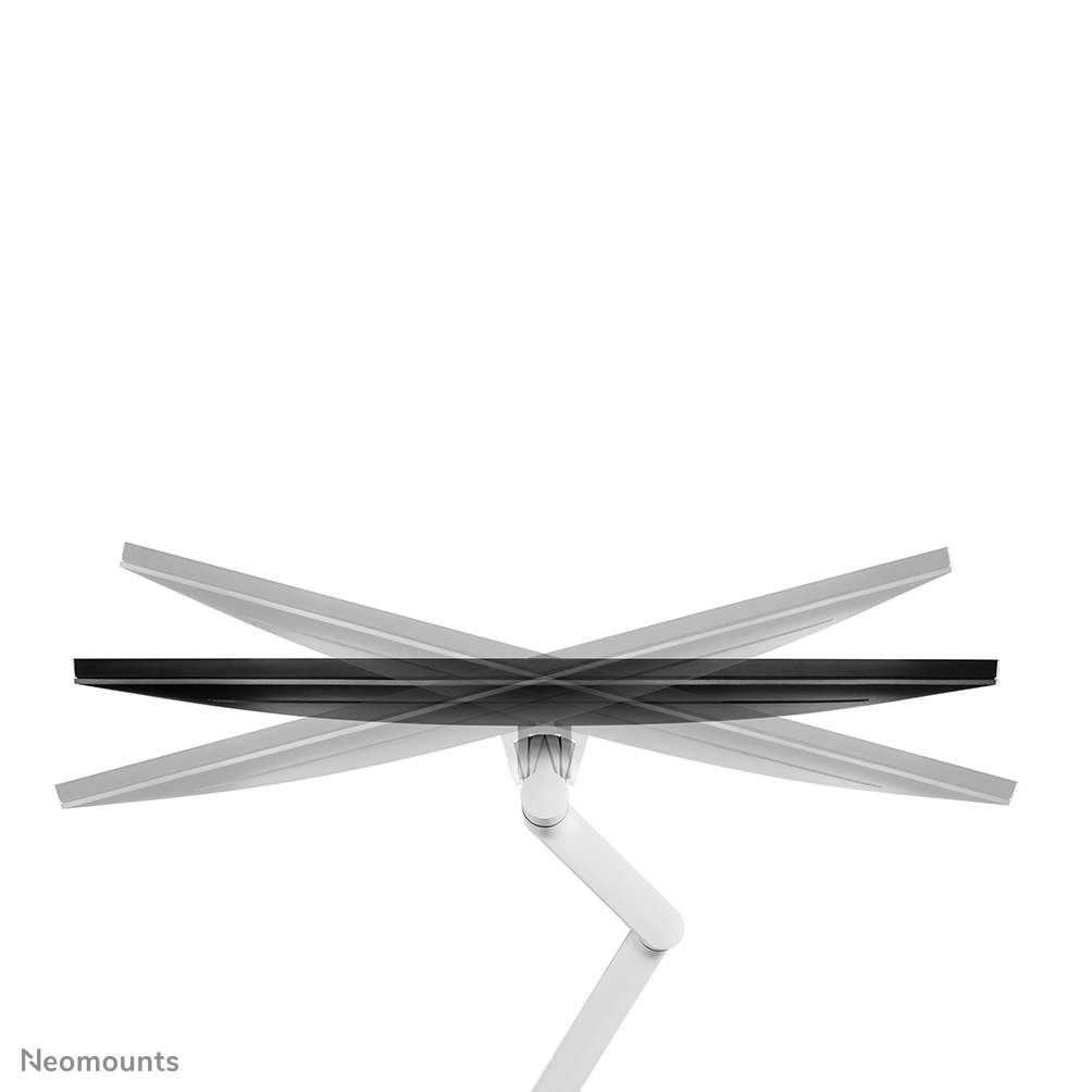 A computer monitor is displayed with multiple overlapping positions, showing its range of motion. It's mounted on a white arm.