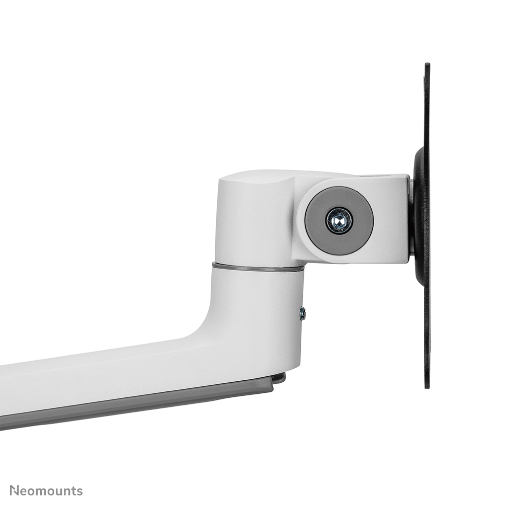 A white monitor mount, with a gray accent, is seen against a white background. It has a rotating joint and a black plate.