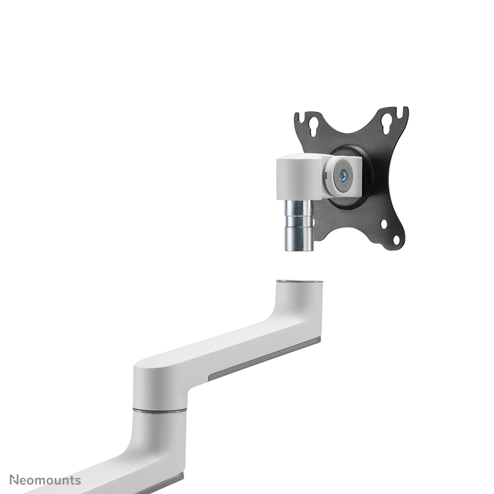 A white and gray monitor arm with a black mounting plate, components separated. White background. Neomounts logo in the corner.