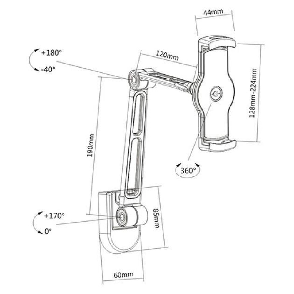 Diagramm eines Telefonhalters mit Maßen. Es zeigt einen Dreharm und eine Telefonhalterung mit beschrifteten Abmessungen und Winkeln.