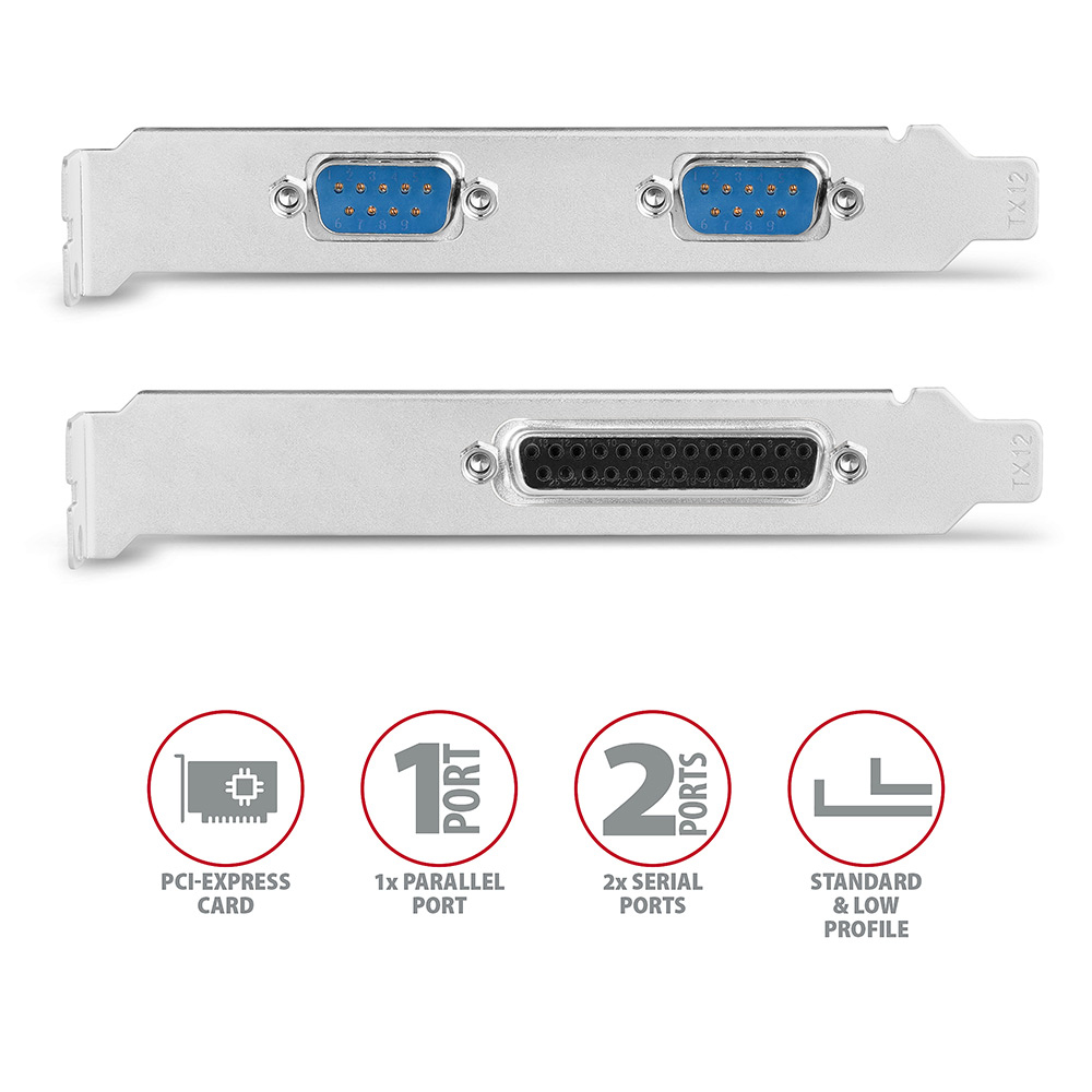 Eine Computerkarte mit Anschlüssen. Enthält 2 serielle Anschlüsse, 1 parallelen Anschluss und eine PCI-Express-Karte. Symbole zeigen die Funktionen.