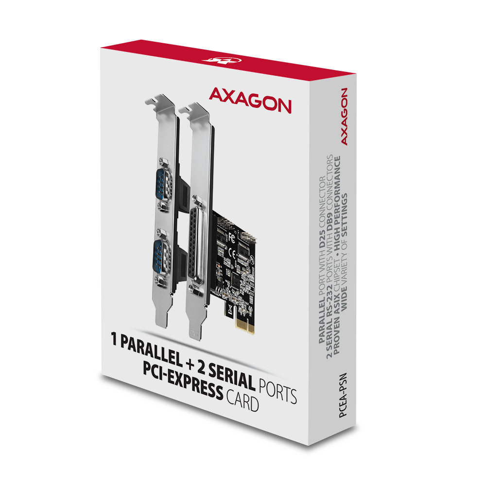 Eine weiße Box mit einer PCI-Express-Karte und dem Axagon-Logo. Sie verfügt über 1 Parallel- und 2 serielle Anschlüsse. Text: 'High Performance'.