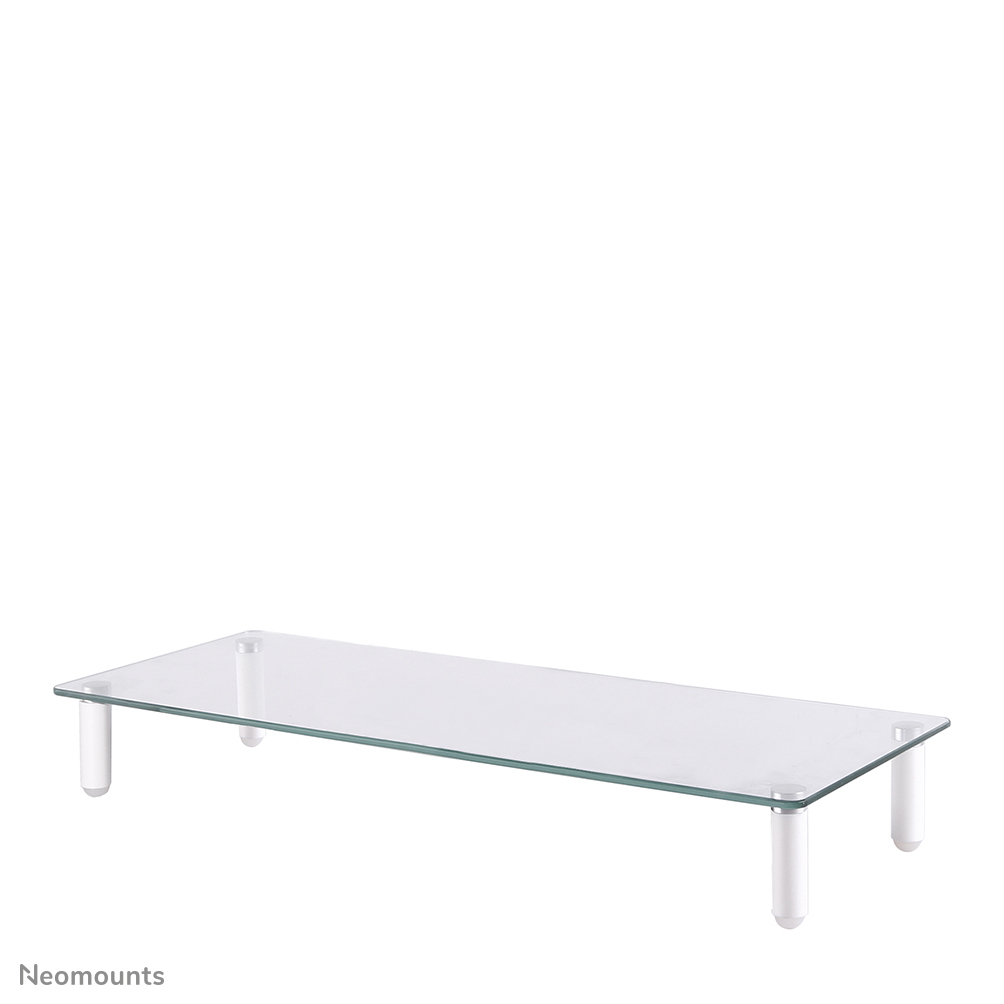 Ein klarer Monitorständer aus Glas mit abgerundeten weißen Beinen. Er ist rechteckig und steht vor einem weißen Hintergrund.