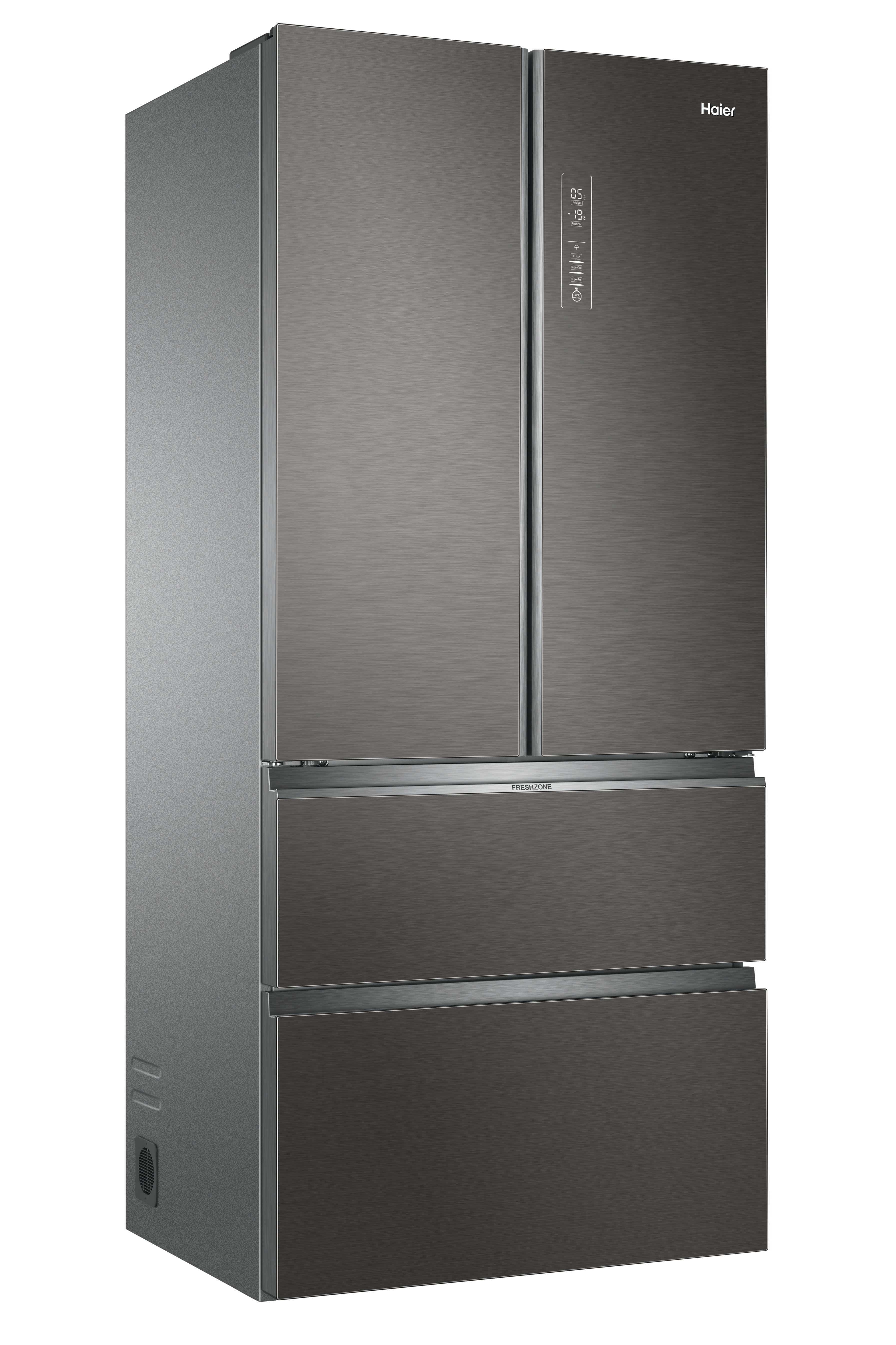 Un refrigerador Haier gris oscuro con tres puertas. Tiene una pantalla digital y el nombre 'FRESHZONE' en un cajón.