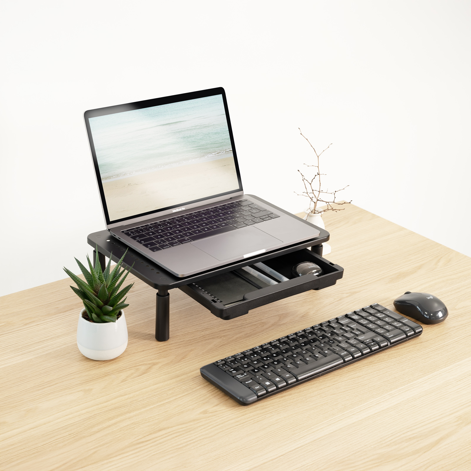 Laptop su supporto, tastiera, mouse e pianta su scrivania in legno. Immagine spiaggia sullo schermo.