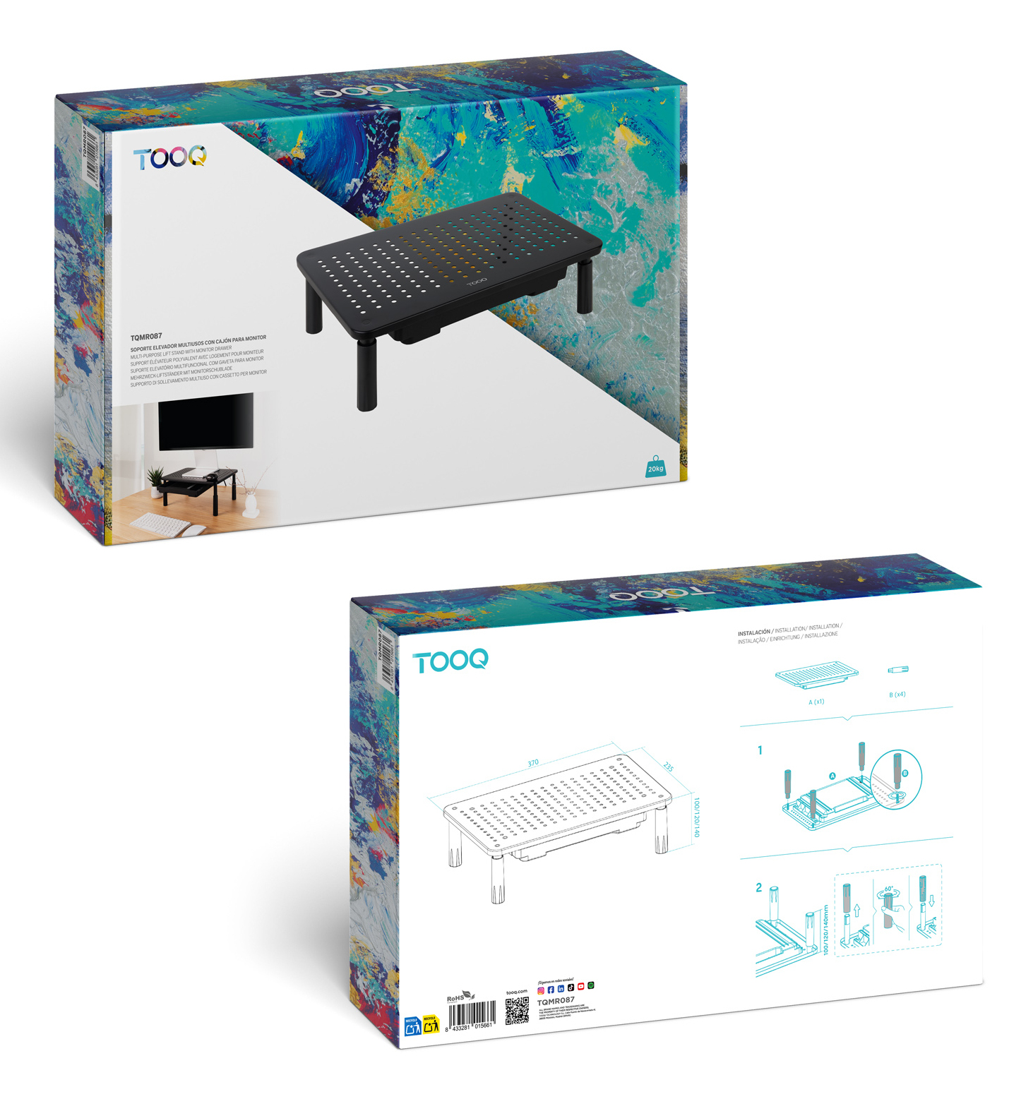 Una scatola per supporto monitor. Ha un supporto nero in alto. La scatola mostra il supporto e le sue caratteristiche.
