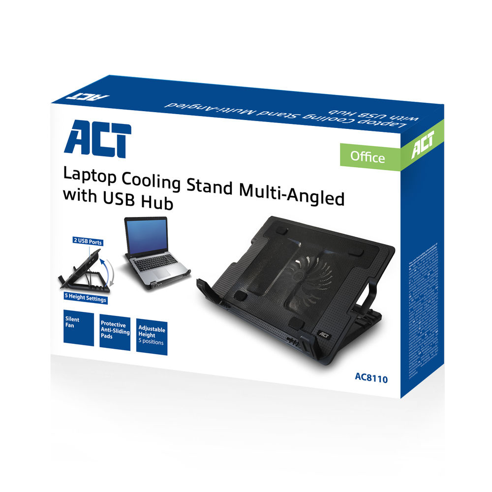 Eine Schachtel für einen Laptop-Kühlständer. Es zeigt einen Laptop auf dem Ständer. Texte lesen: Laptop Cooling Stand Multi-Angled with USB Hub.