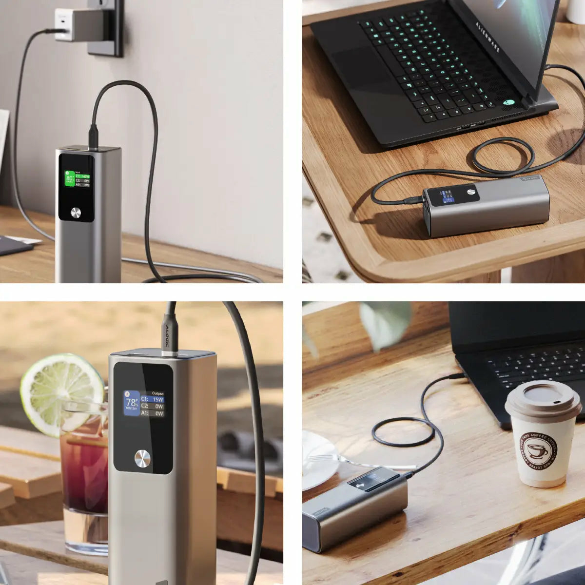 Power bank argentato che carica un laptop e altri dispositivi. Varie configurazioni su superfici in legno.