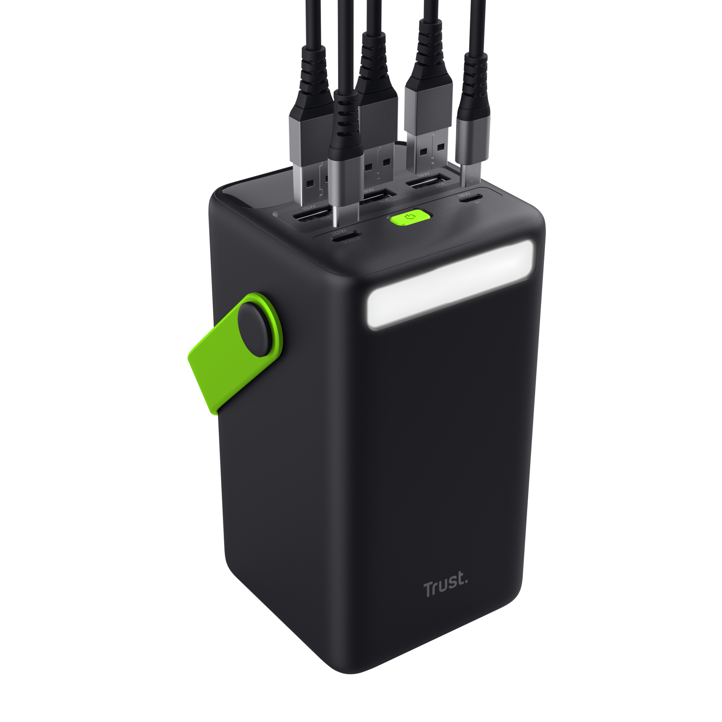 Schwarze Powerbank mit eingesteckten USB-Kabeln. Verfügt über einen grünen Griff und ein weißes Licht.