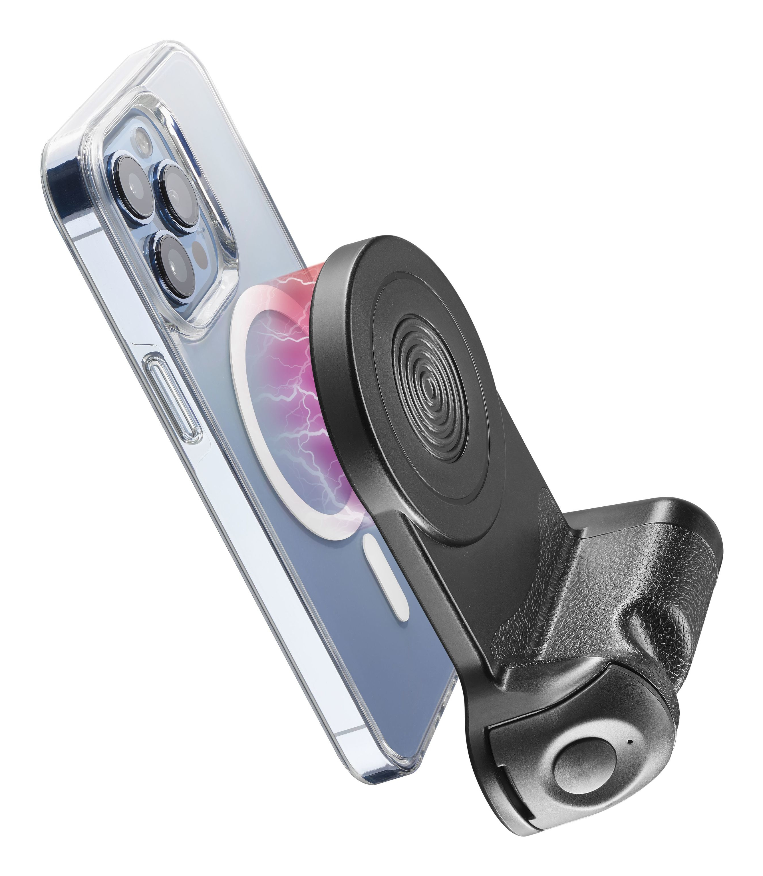 Un iPhone con una funda transparente conectado a un soporte magnético negro, aislado sobre blanco.