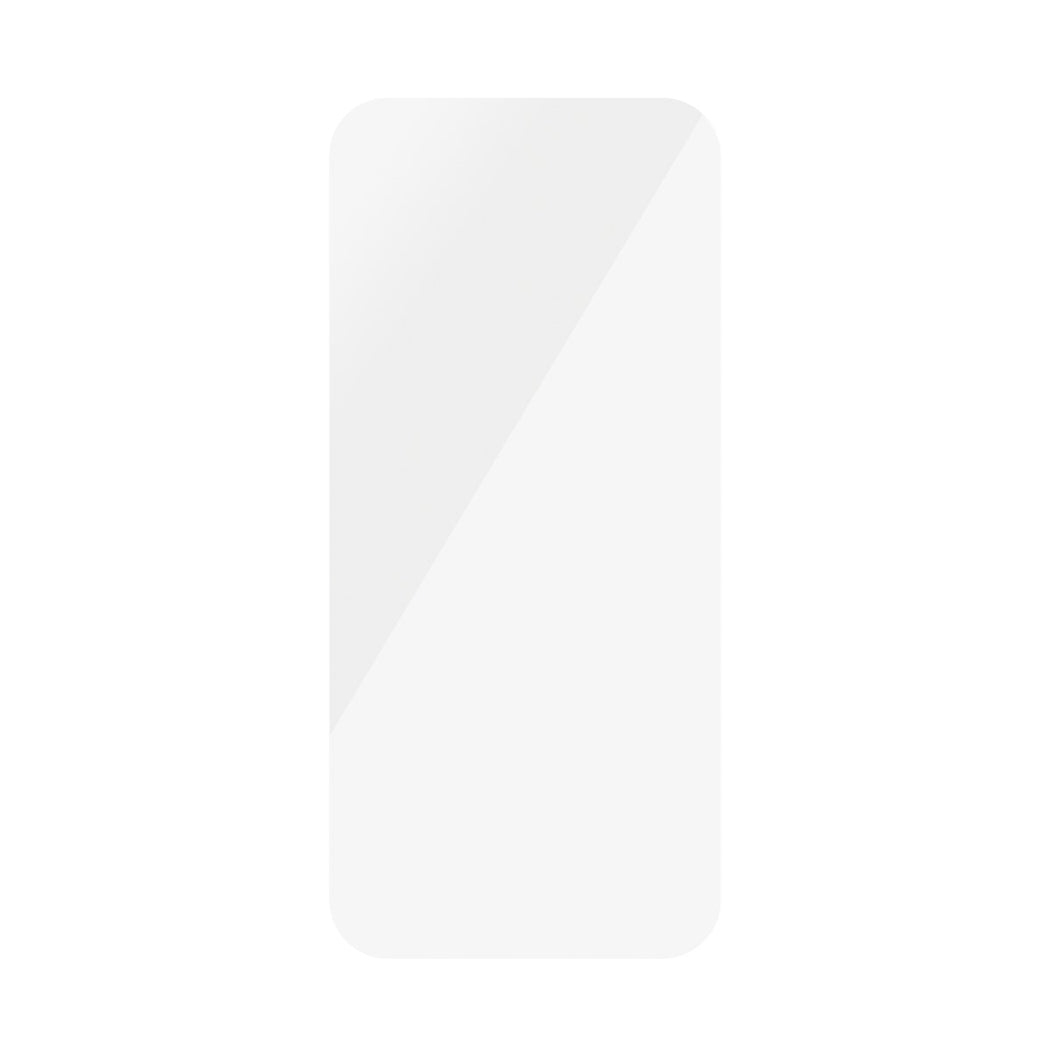 Een witte, rechthoekige schermbeschermer met afgeronde hoeken. Licht reflecteert van het oppervlak, toont de glanzende textuur.