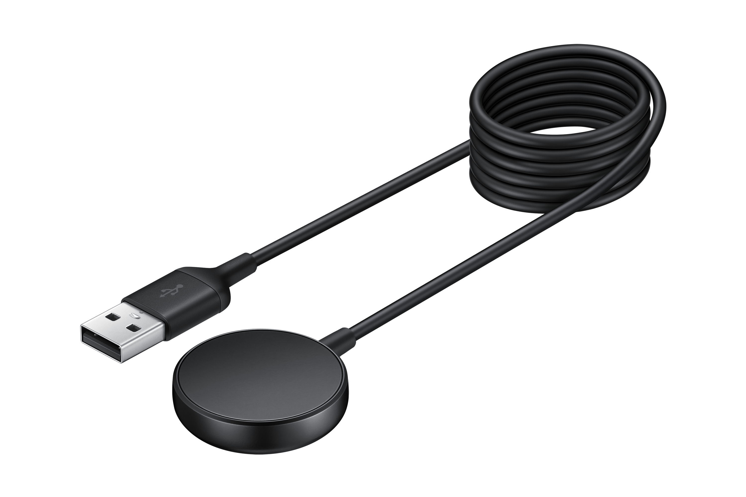 Cargador negro de reloj inteligente Samsung sobre fondo blanco. Incluye conector USB, cable y base de carga.