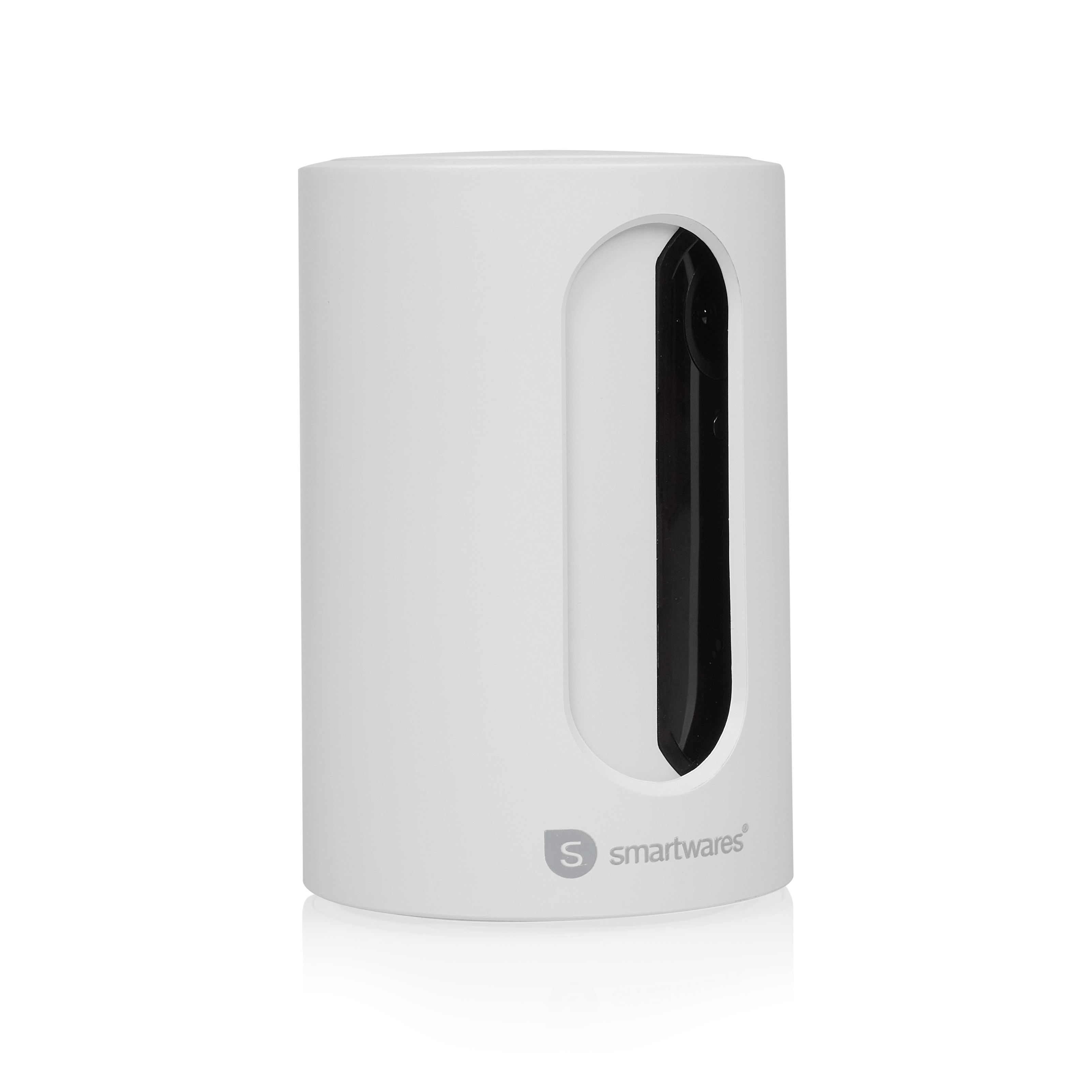 Biały walec z czarnym pionowym otworem. Na dole logo 'smartwares'.