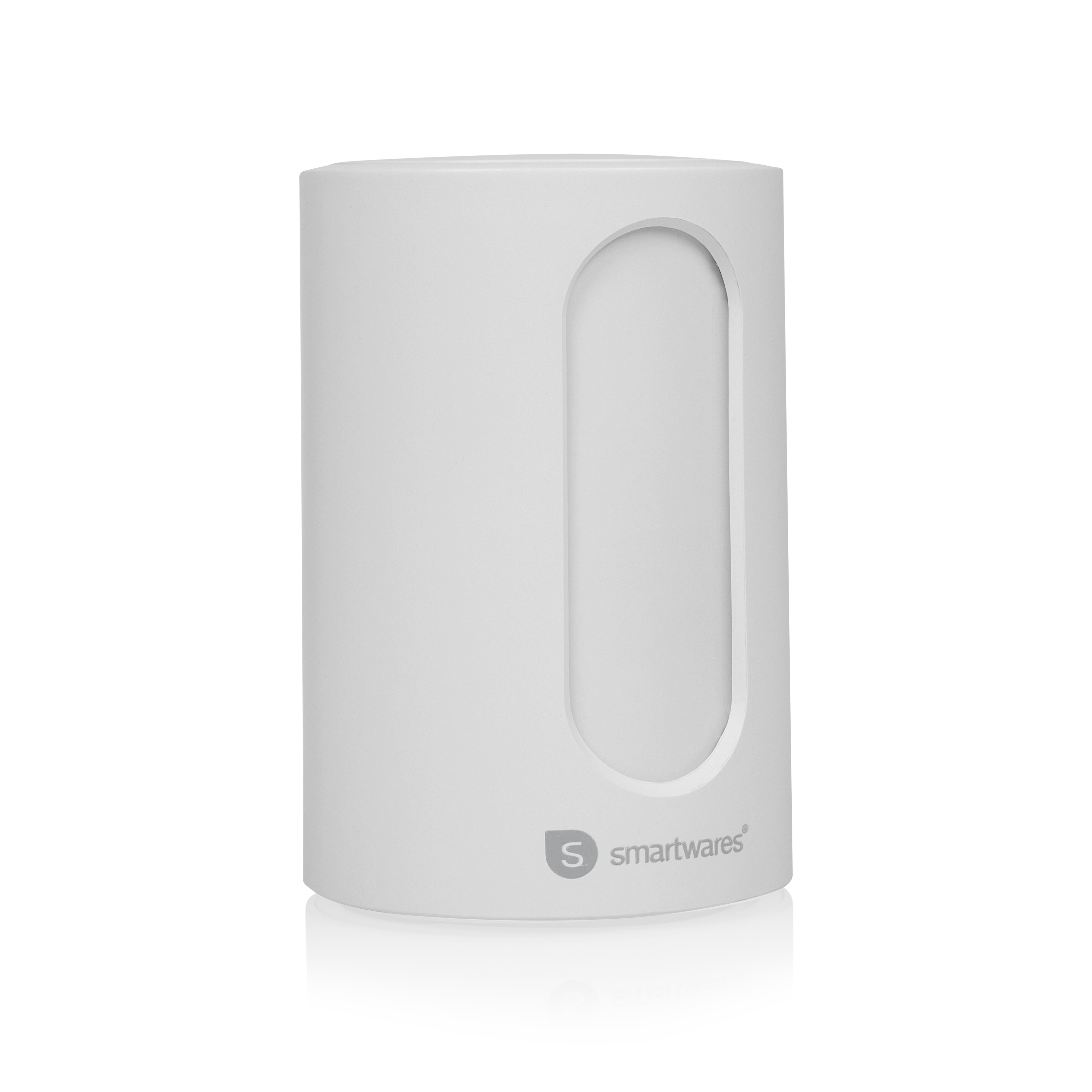 Biały walec z owalnym wycięciem. Logo Smartwares znajduje się na dole. Jest na białej powierzchni.
