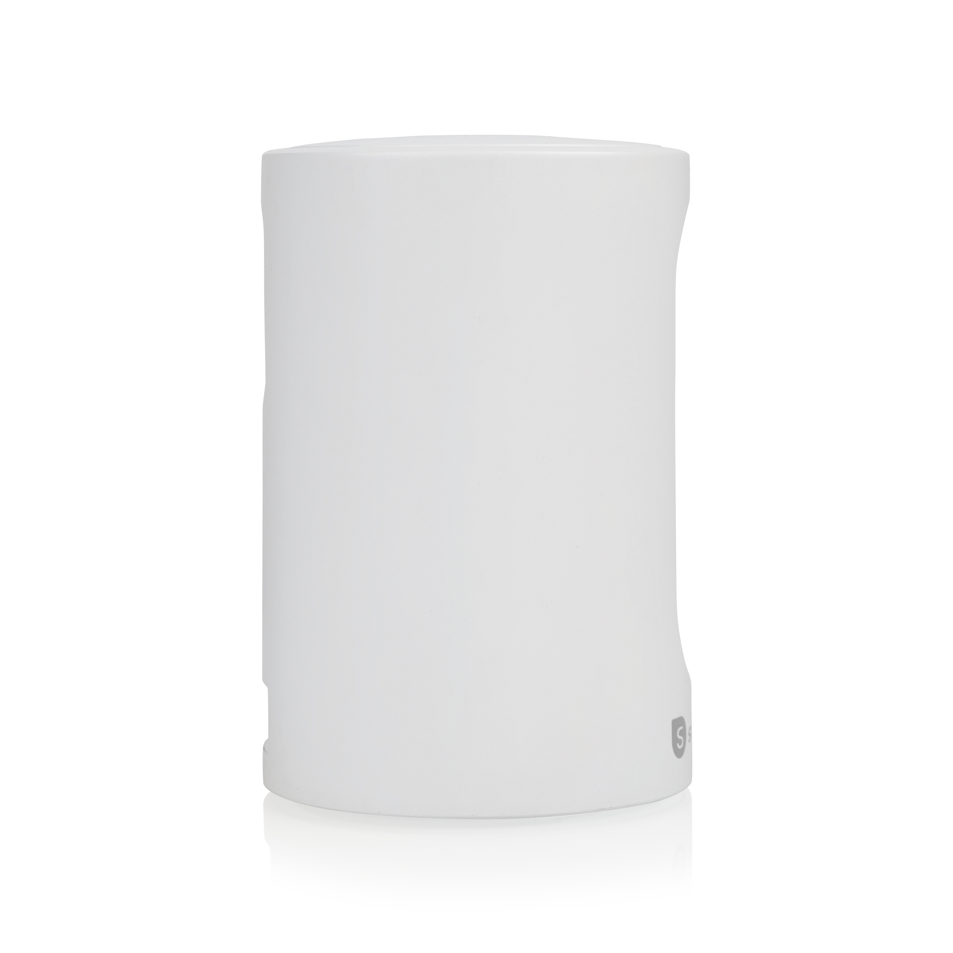 Biały, cylindryczny obiekt, zaokrąglony wierzch, małe logo 'S', na białym tle.