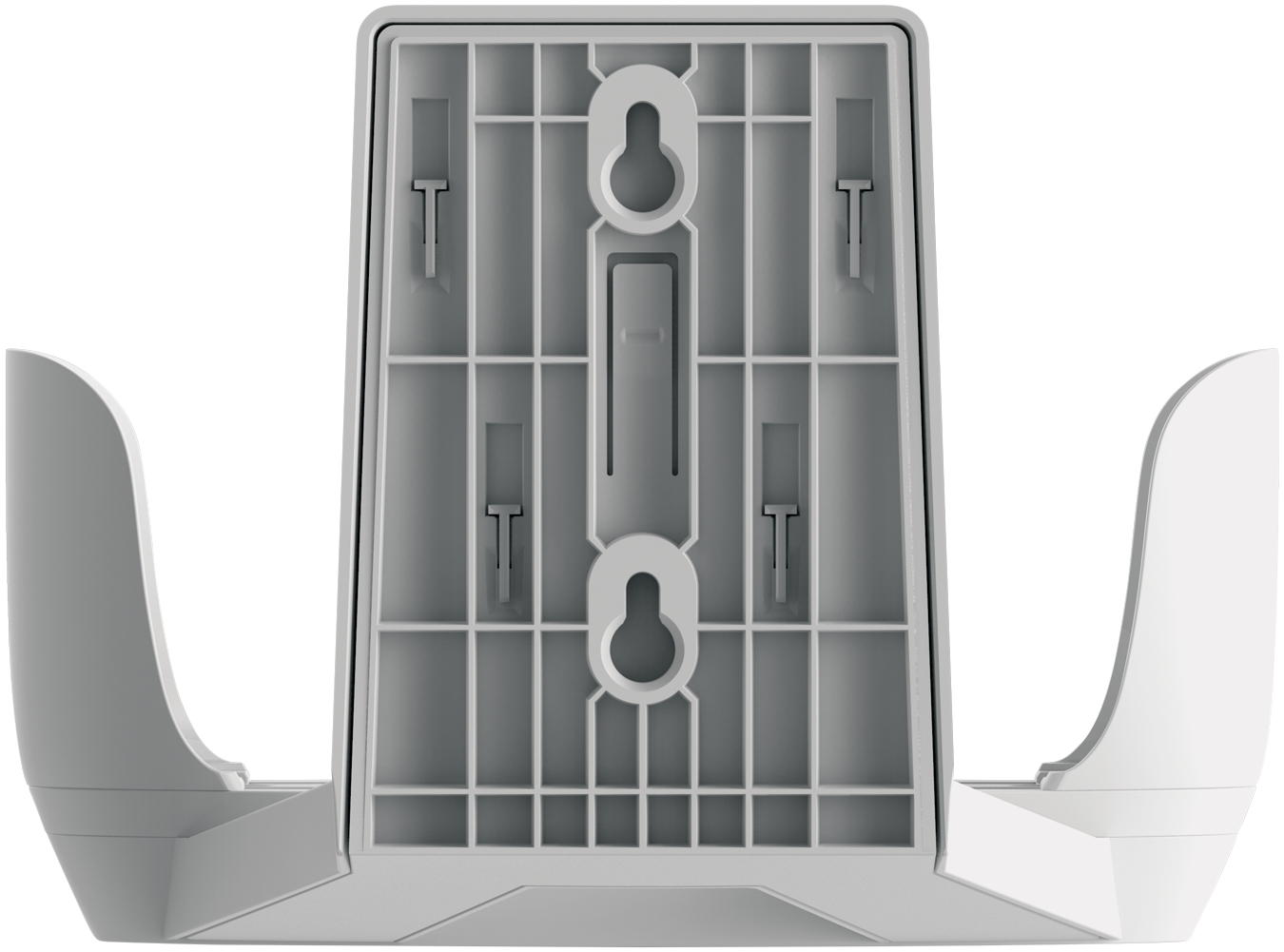 Białe plastikowe urządzenie, prawdopodobnie uchwyt ścienny, z wnętrzem w kratkę i dwoma zakrzywionymi ramionami wystającymi na zewnątrz.