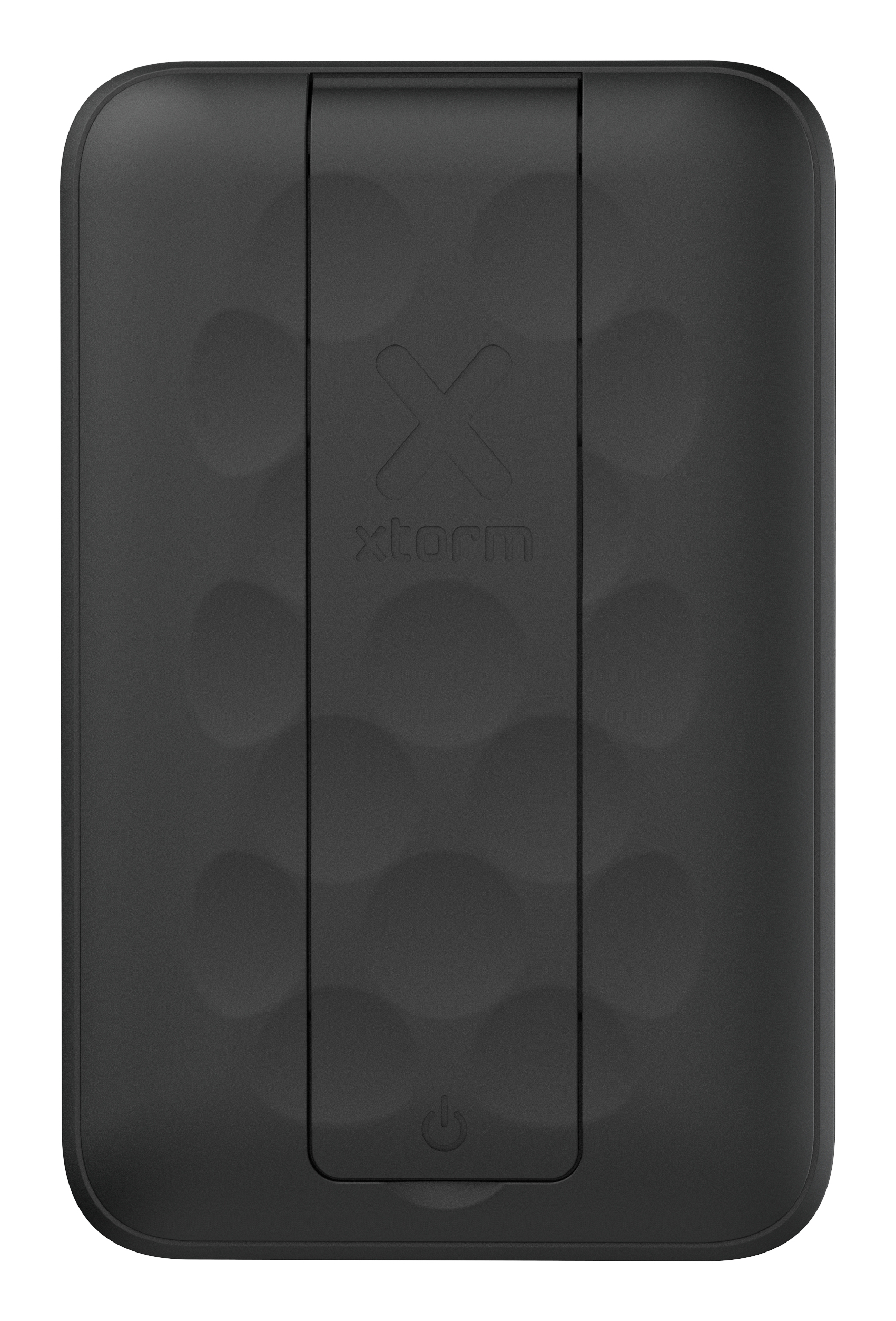Un appareil rectangulaire noir avec un logo X et le texte 'xtorm', un bouton d'alimentation et une surface texturée.