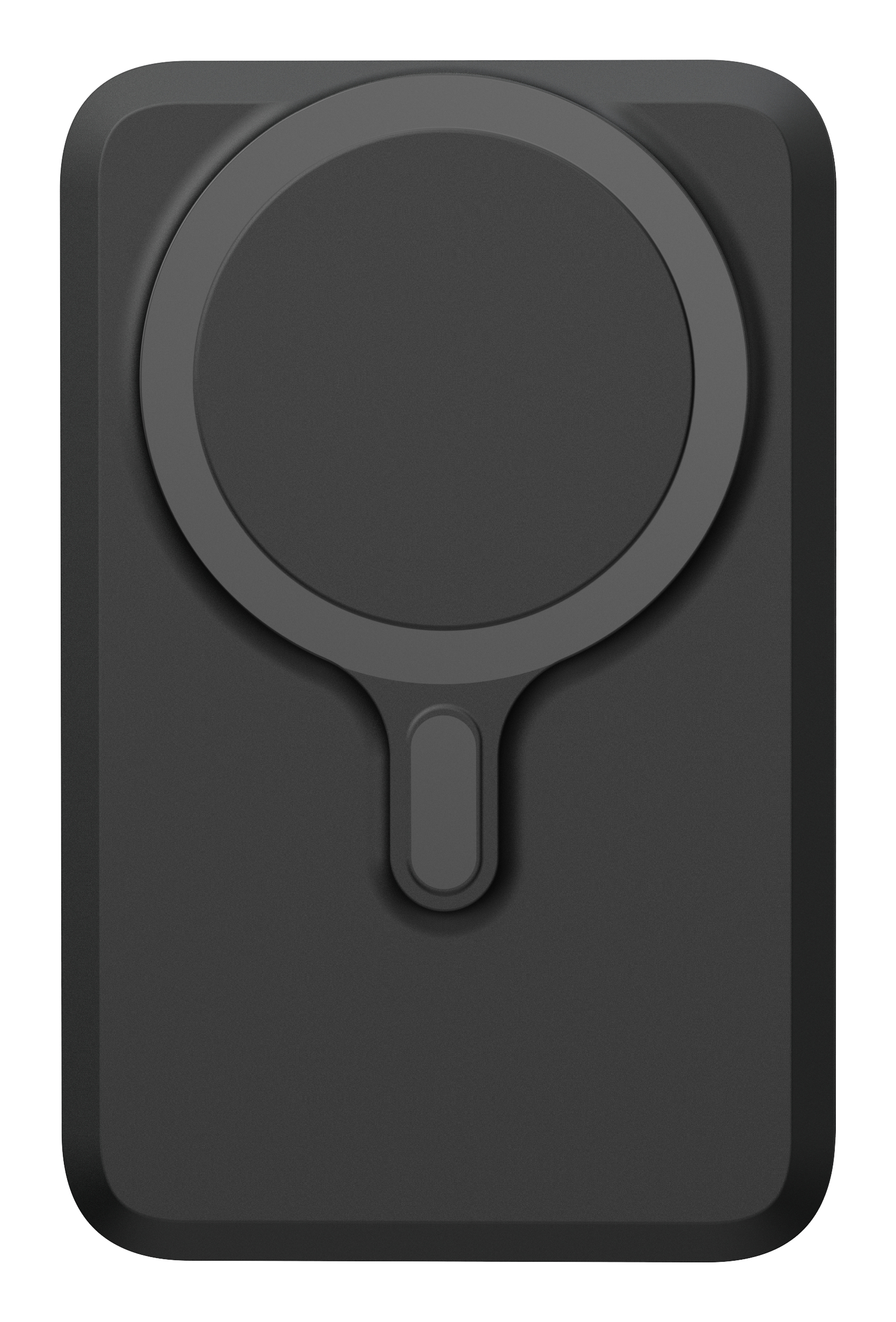 Un appareil rectangulaire gris foncé avec un renfoncement circulaire et une languette verticale en bas. Le fond est blanc.