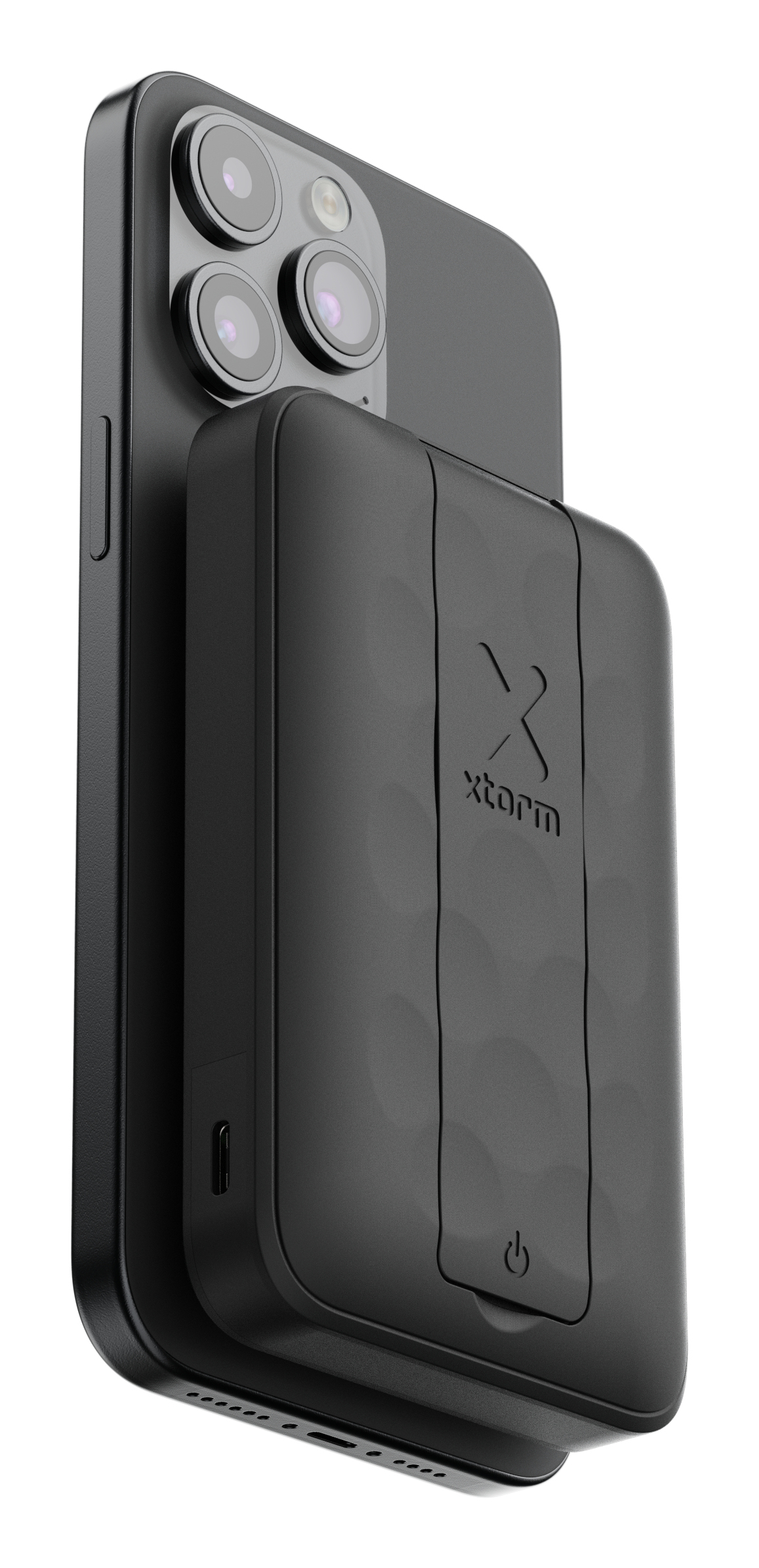 Smartphone noir avec une batterie externe noire attachée. La batterie externe porte le logo X-storm et un bouton d'alimentation.