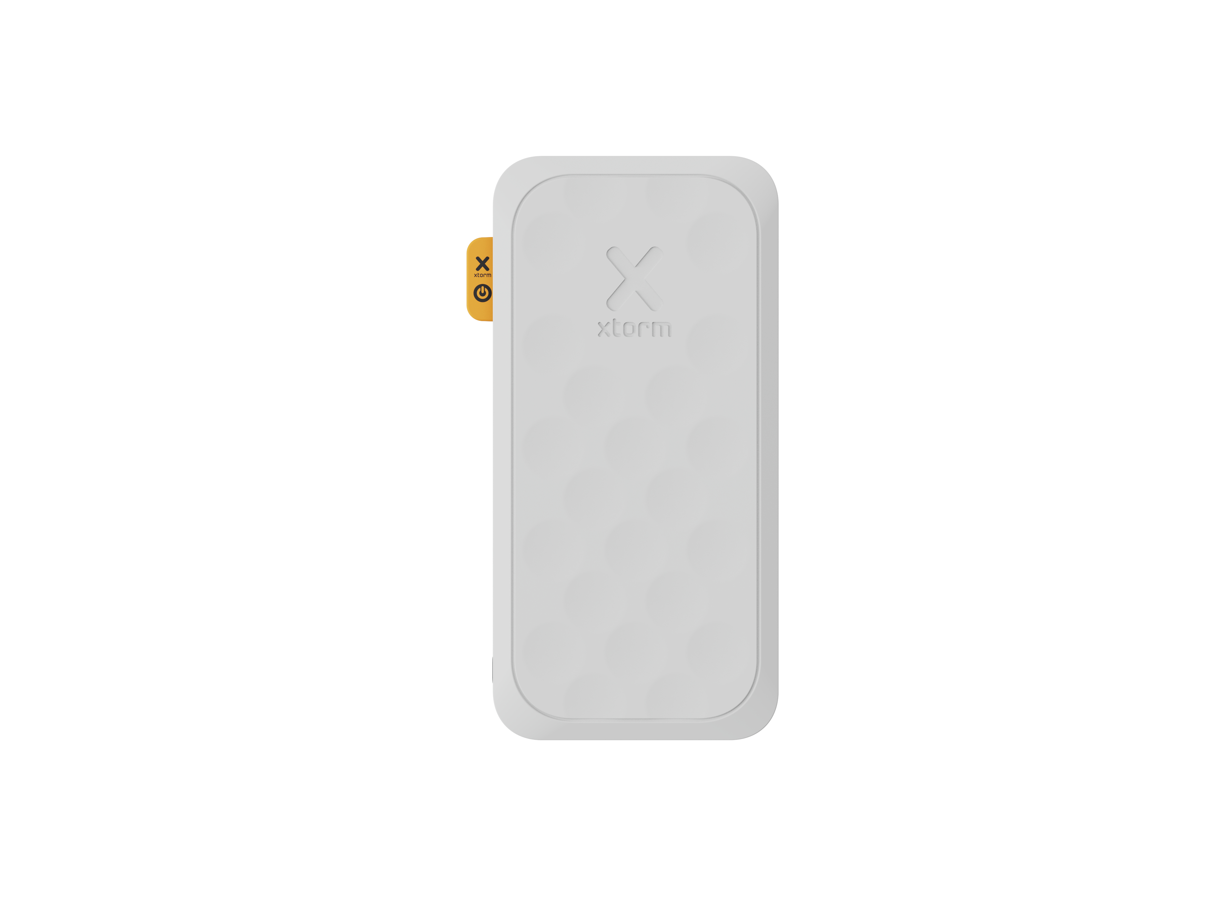 Eine weiße, rechteckige Powerbank mit dem 'x'-Logo und dem Text 'xtorm'. Es hat einen gelben Ein-Aus-Knopf.