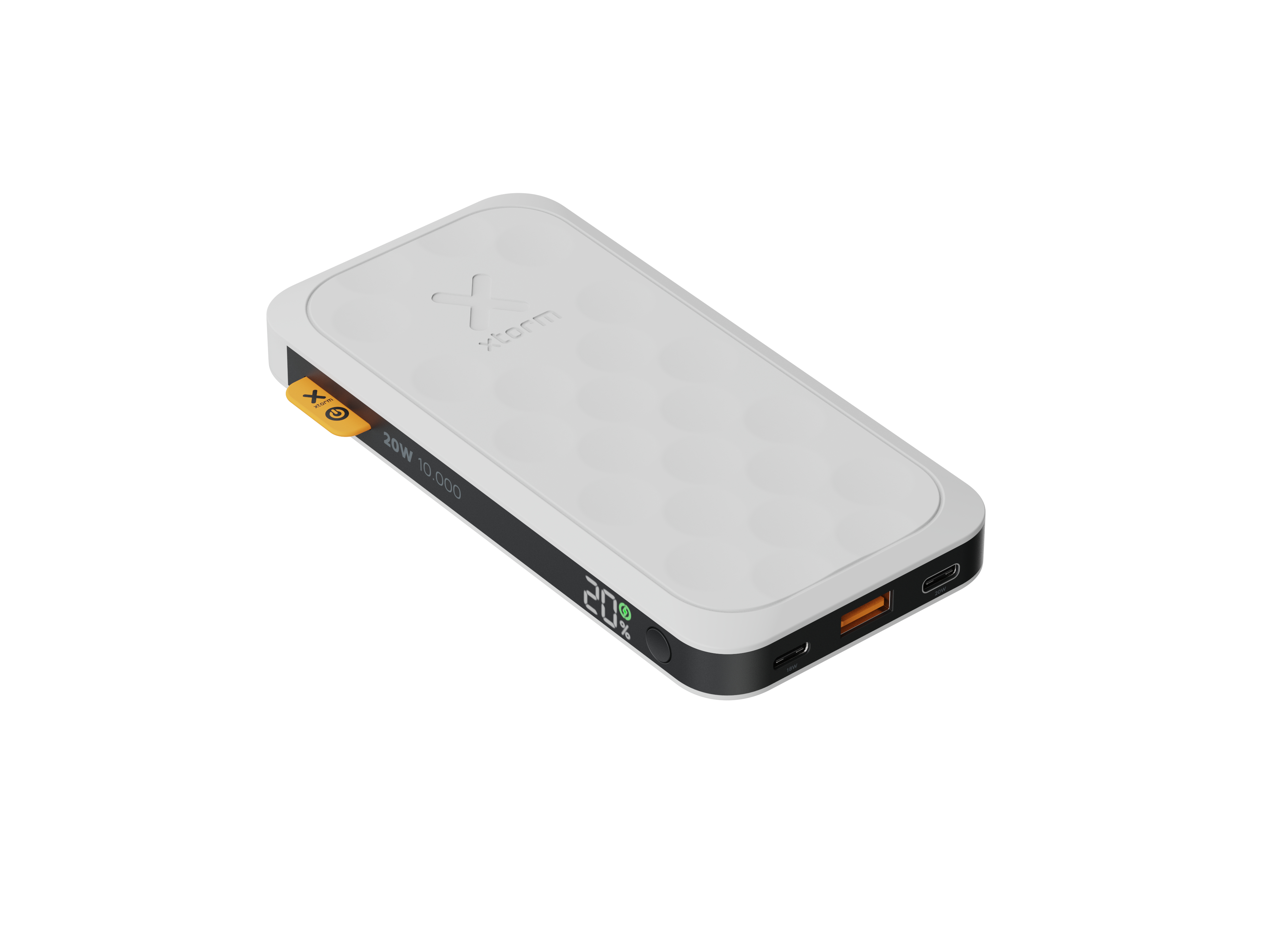 Eine weiße Powerbank mit schwarzem Rand. Sie hat eine Ladeanzeige mit 20 % Ladung. Der Markenname ist sichtbar.