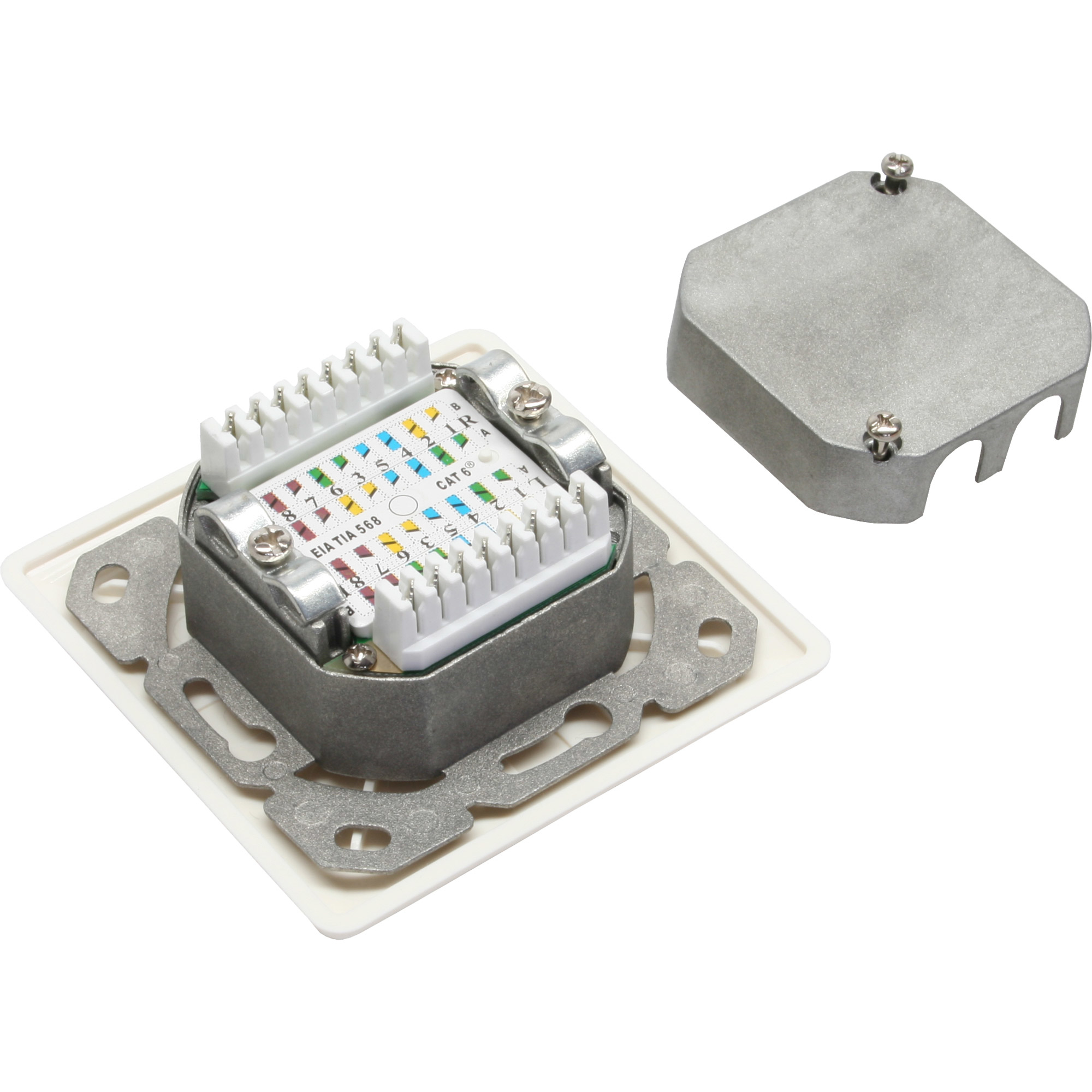 Ein weißer und metallischer Netzwerkanschluss mit Etiketten. Daneben liegt eine abgenommene Metallabdeckung.
