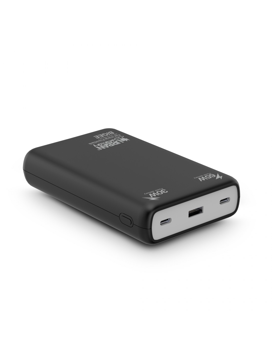 Power bank nera con porte USB e marchio. Ha etichette di erogazione di potenza da 30W e 65W. Sfondo bianco.