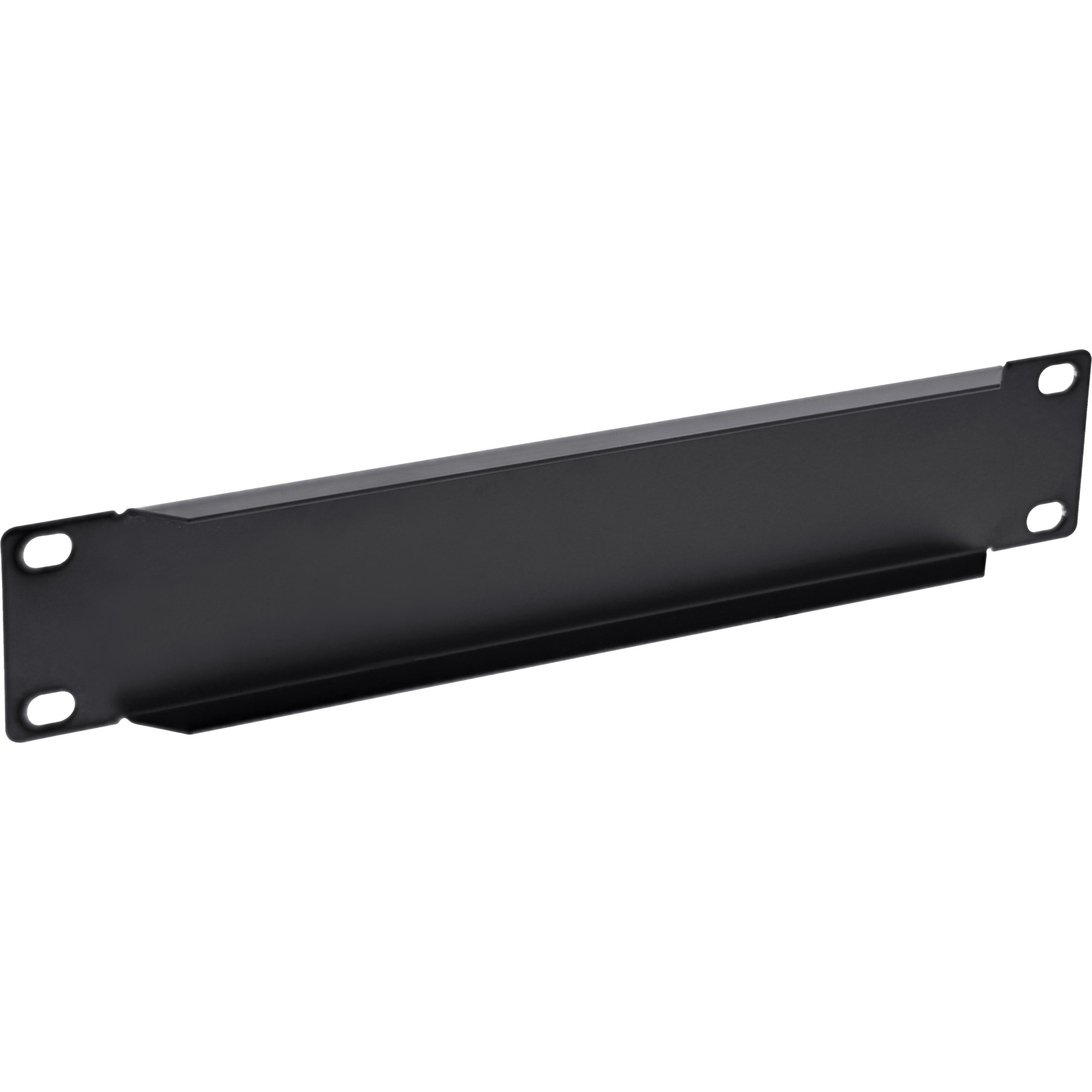 Eine schwarze Metall-Rackblende mit vier ovalen Löchern, vor weißem Hintergrund.